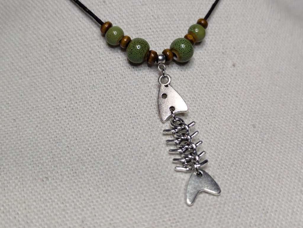 NoctemPottery Dangling Fish Skeleton Sardine Charm Ceramic Bead Pendant Necklace