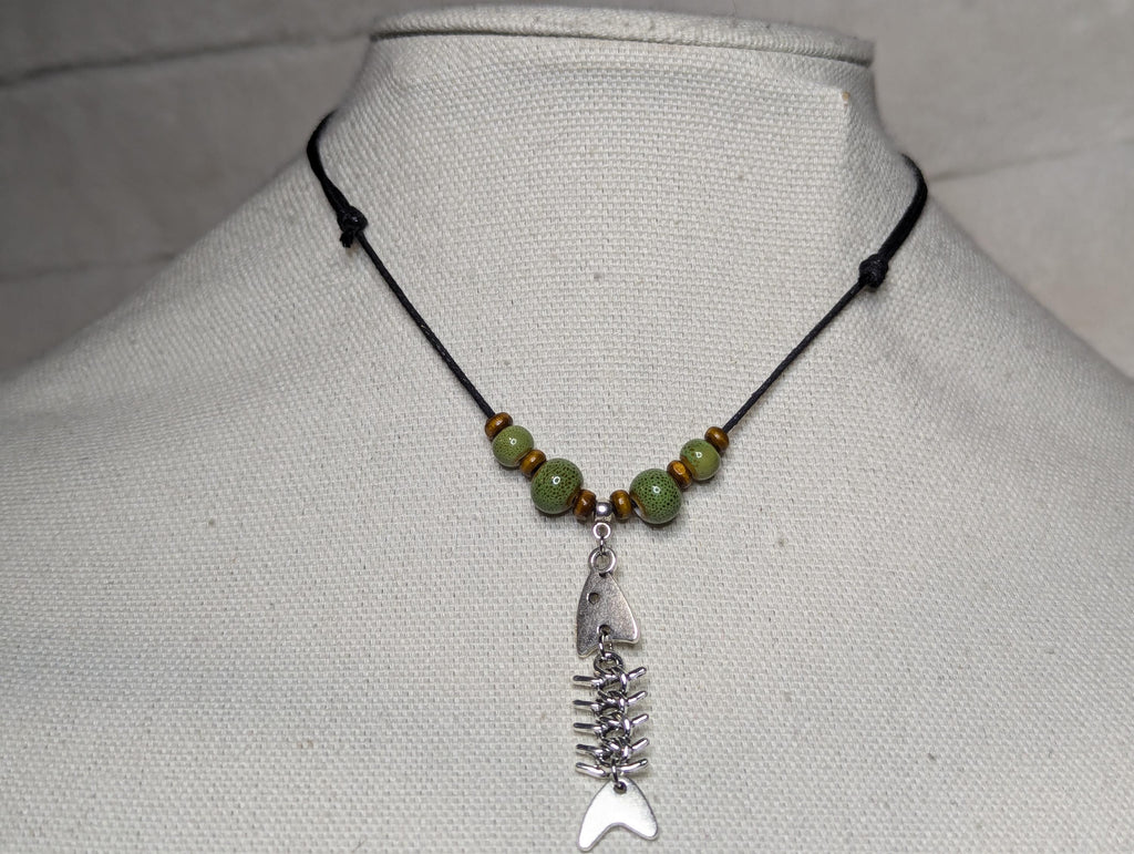 NoctemPottery Dangling Fish Skeleton Sardine Charm Ceramic Bead Pendant Necklace