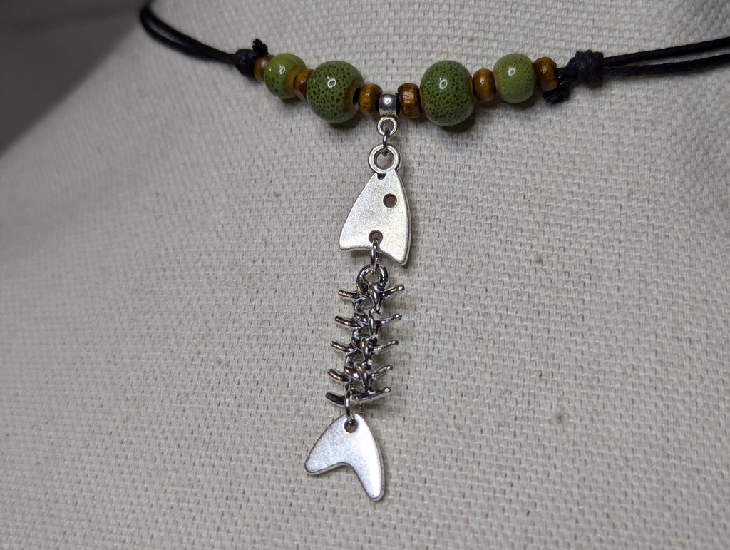 NoctemPottery Dangling Fish Skeleton Sardine Charm Ceramic Bead Pendant Necklace