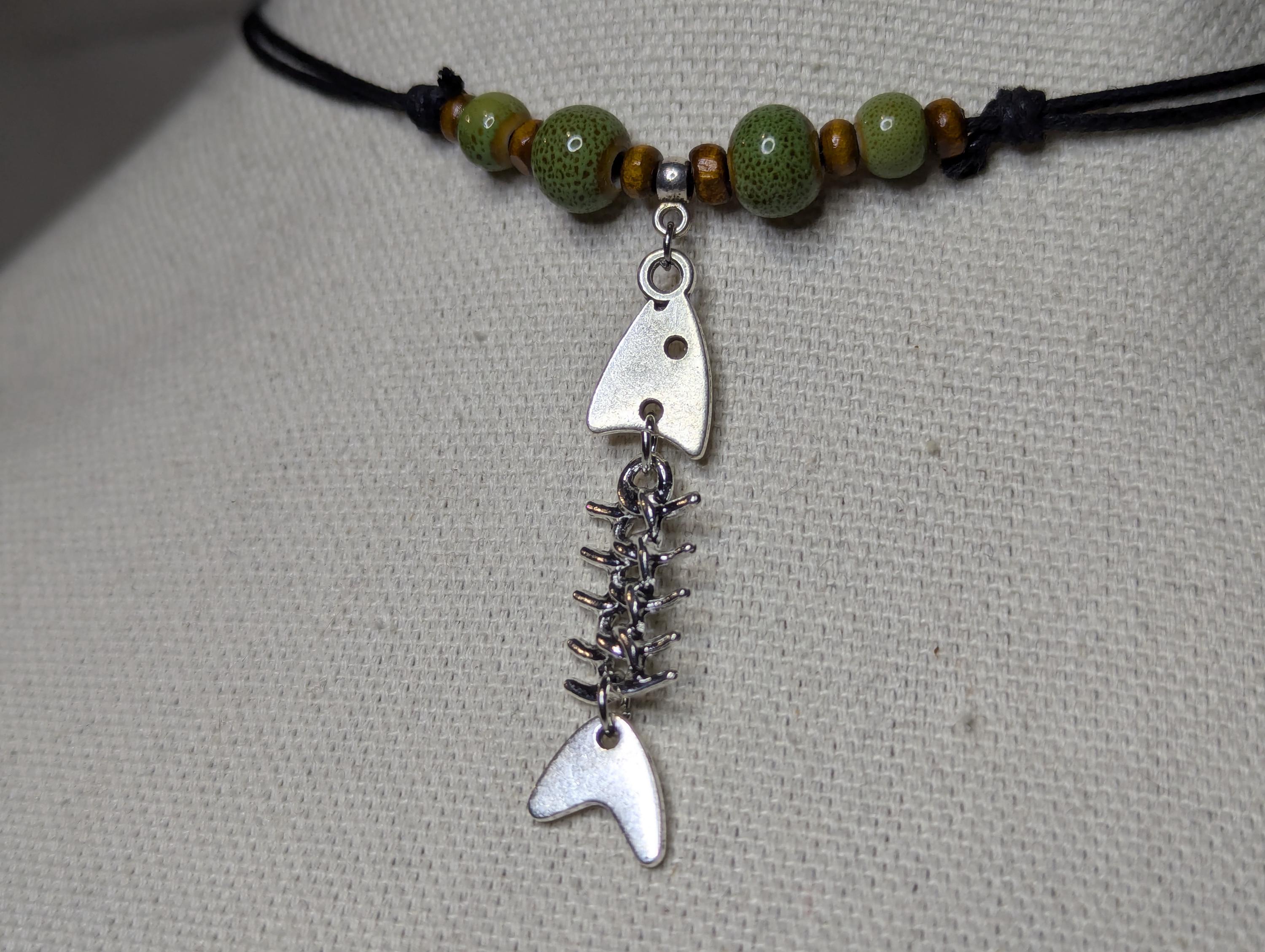 NoctemPottery Dangling Fish Skeleton Sardine Charm Ceramic Bead Pendant Necklace