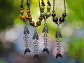 NoctemPottery Dangling Fish Skeleton Sardine Charm Ceramic Bead Pendant Necklace