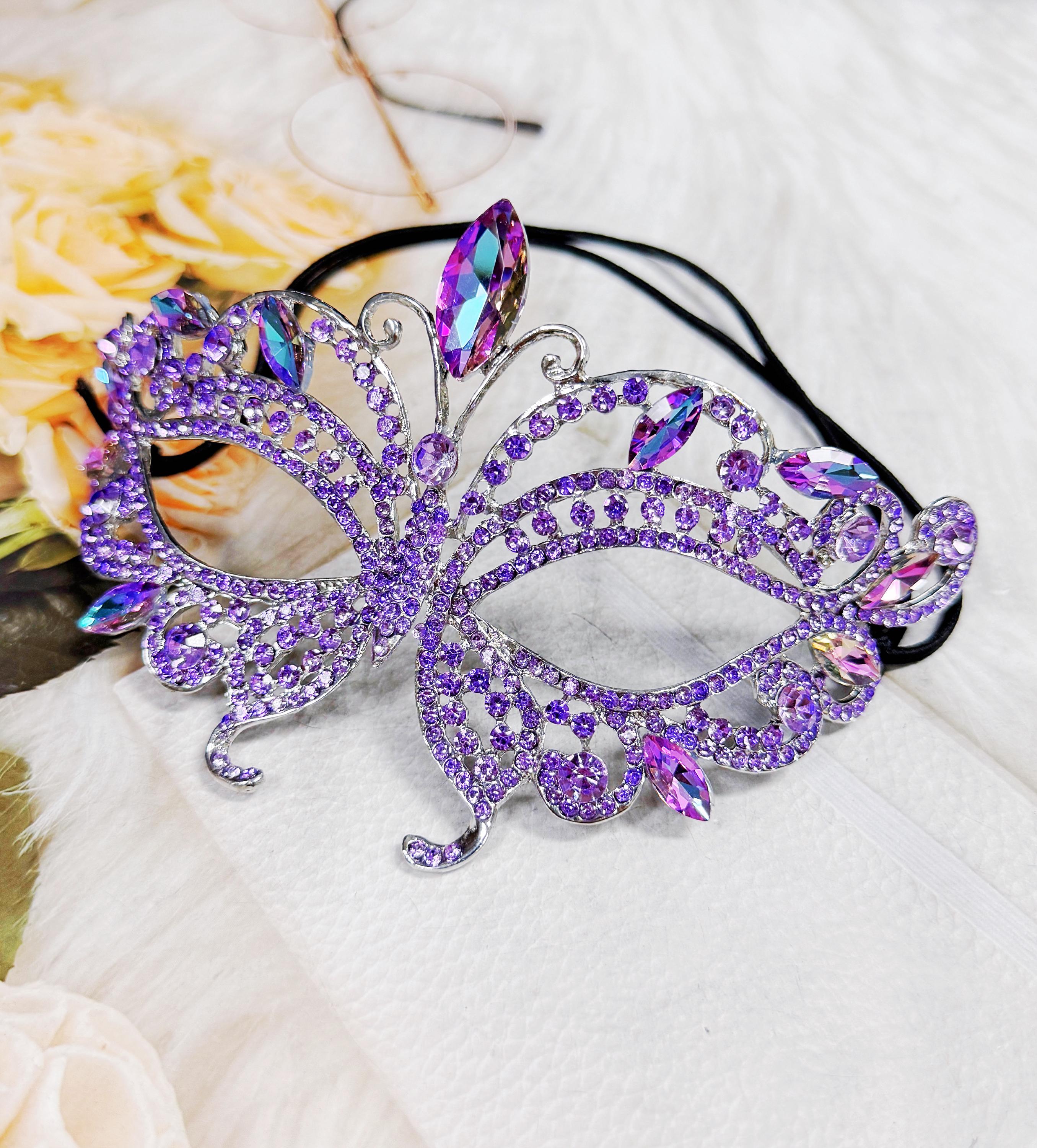 HappyJewelryWorld Purple Crystal Masquerade Mask Butterfly Rhinestone