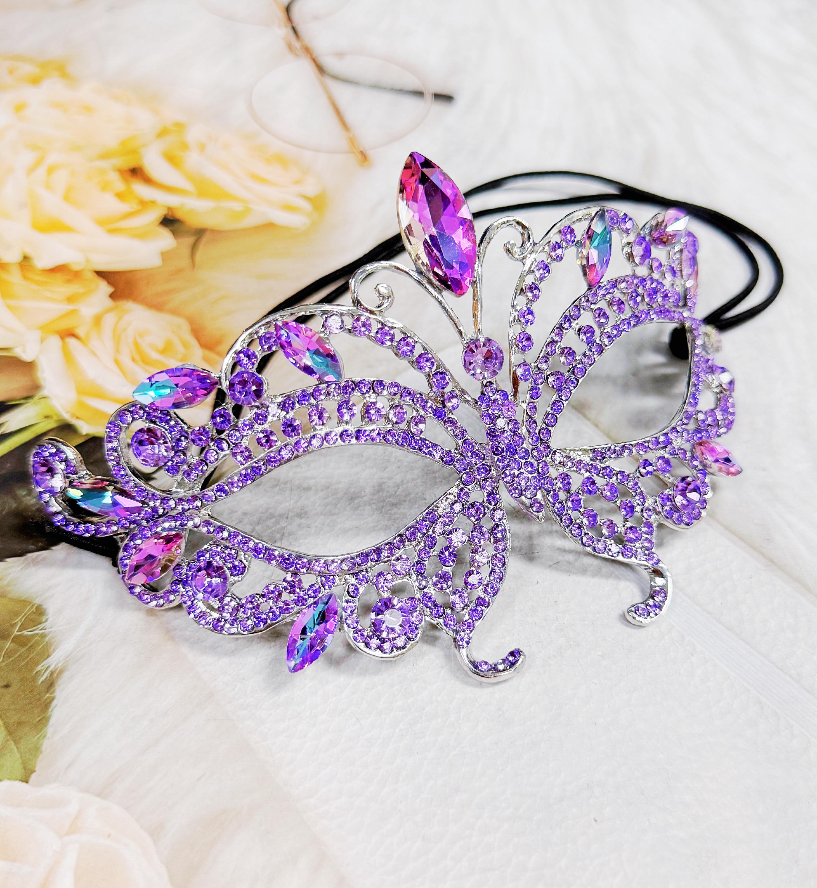 HappyJewelryWorld Purple Crystal Masquerade Mask Butterfly Rhinestone