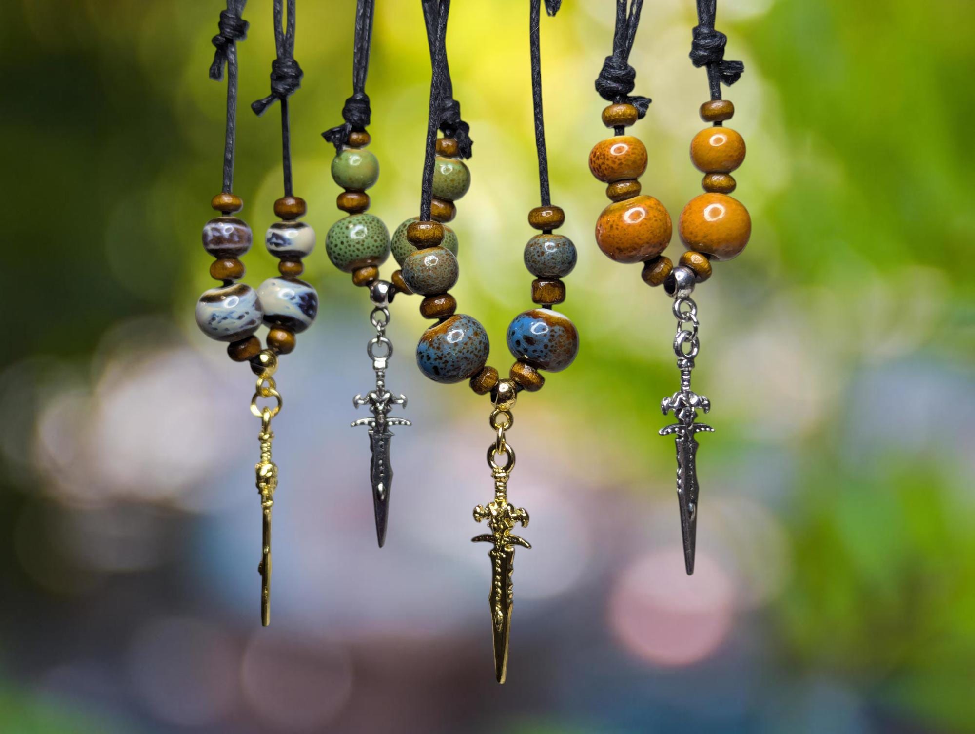 NoctemPottery Ceramic Beaded Sword Charm Pendant Necklace Adjustable Cord