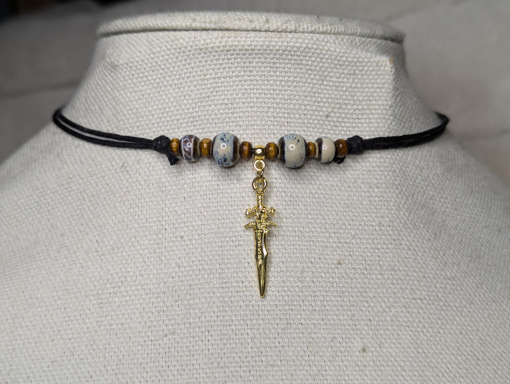 NoctemPottery Ceramic Beaded Sword Charm Pendant Necklace Adjustable Cord
