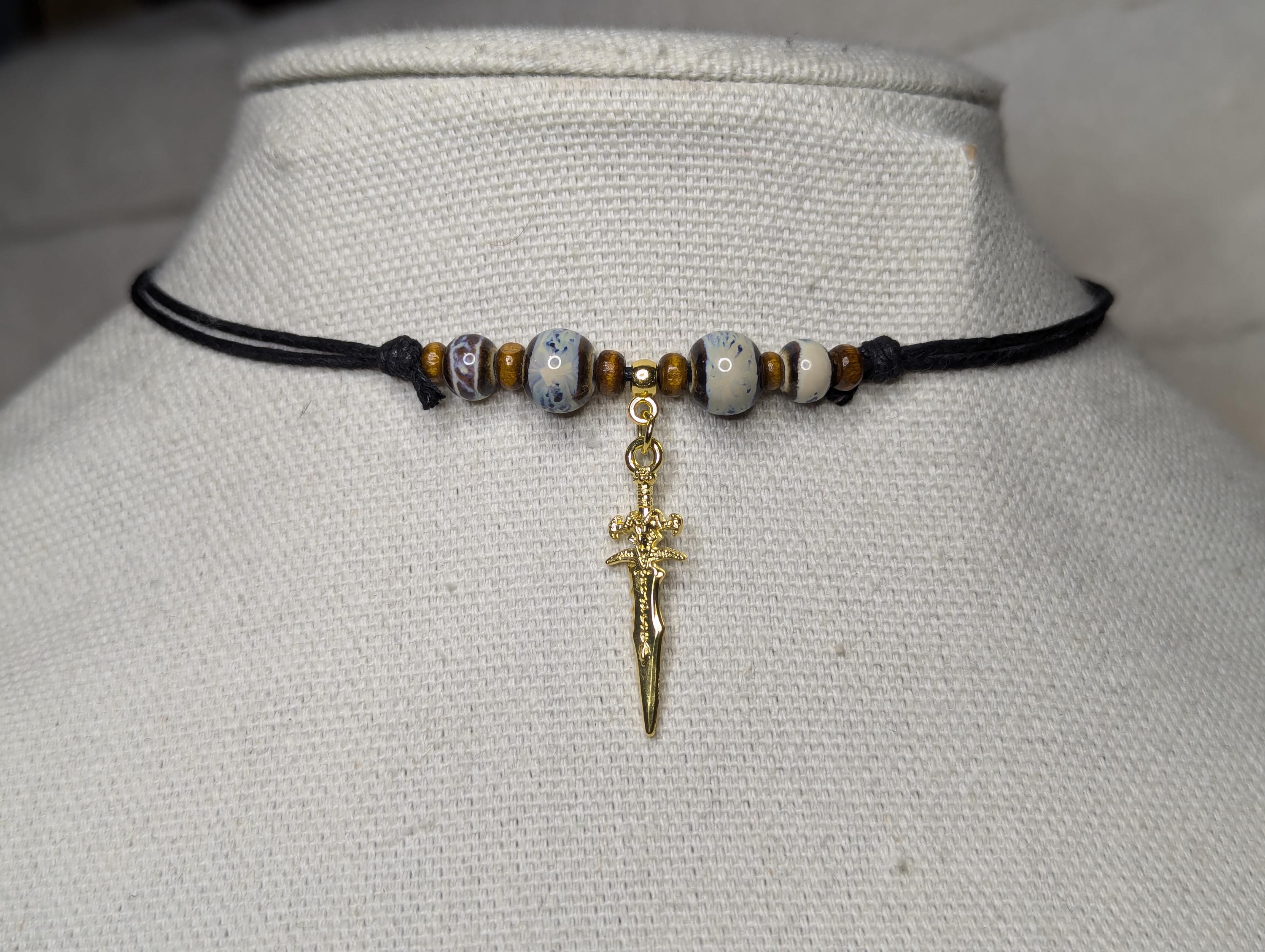 NoctemPottery Ceramic Beaded Sword Charm Pendant Necklace Adjustable Cord