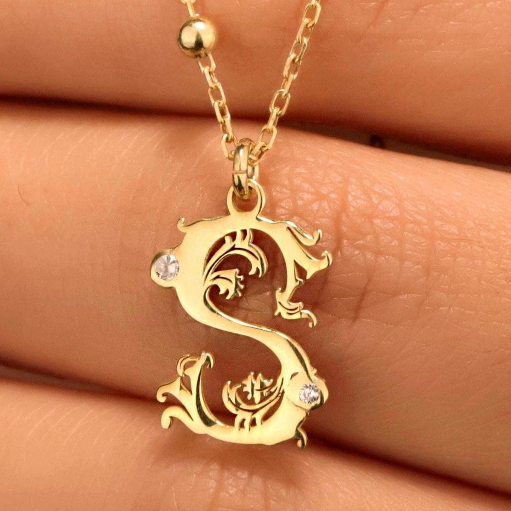 SilverGoldandRose Gold Initial Necklace Beaded Sterling Chain CZ Stone
