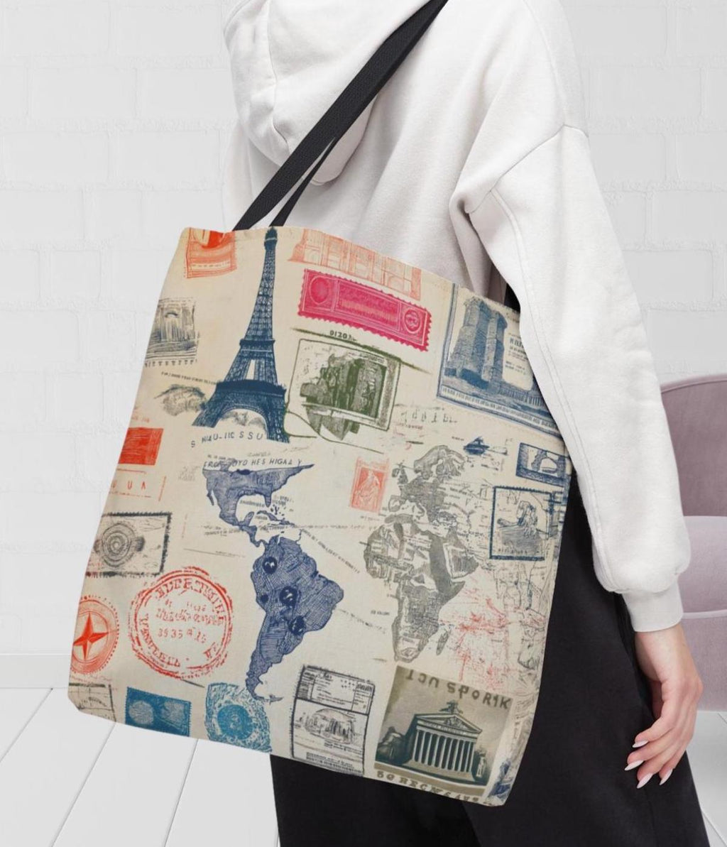 Vintage Travel Stamp Tote Bag, Artistic Boho Canvas Shoulder Bag
