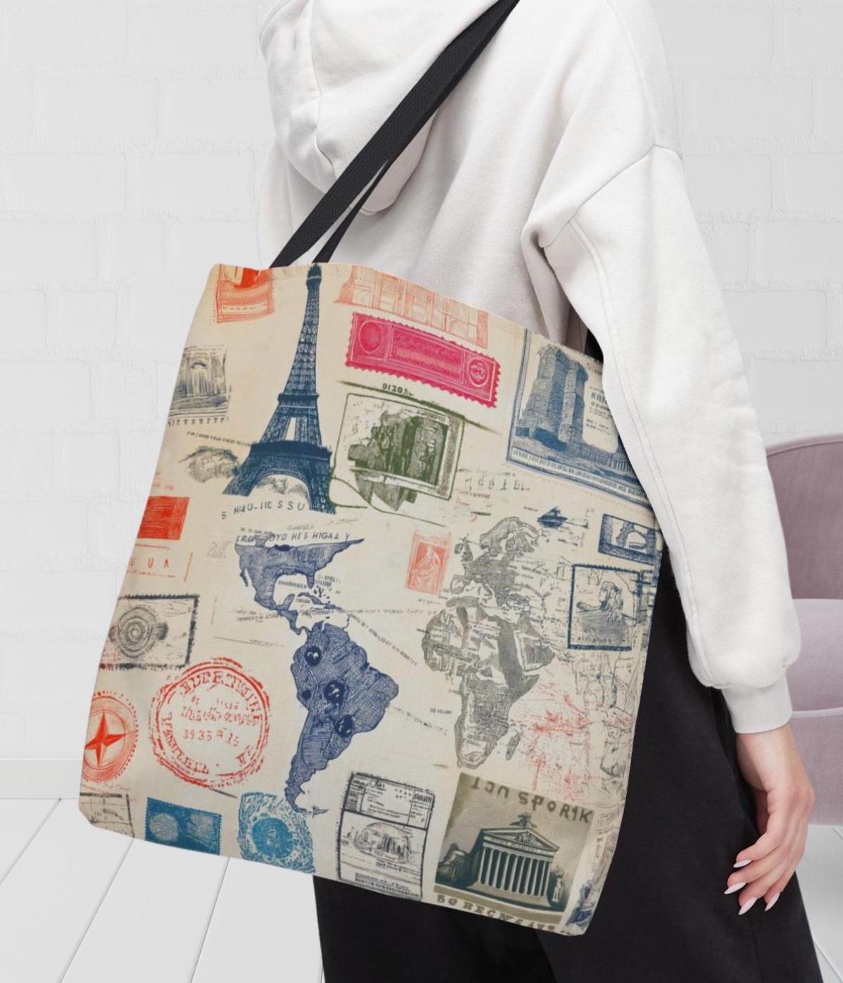 Vintage Travel Stamp Tote Bag, Artistic Boho Canvas Shoulder Bag