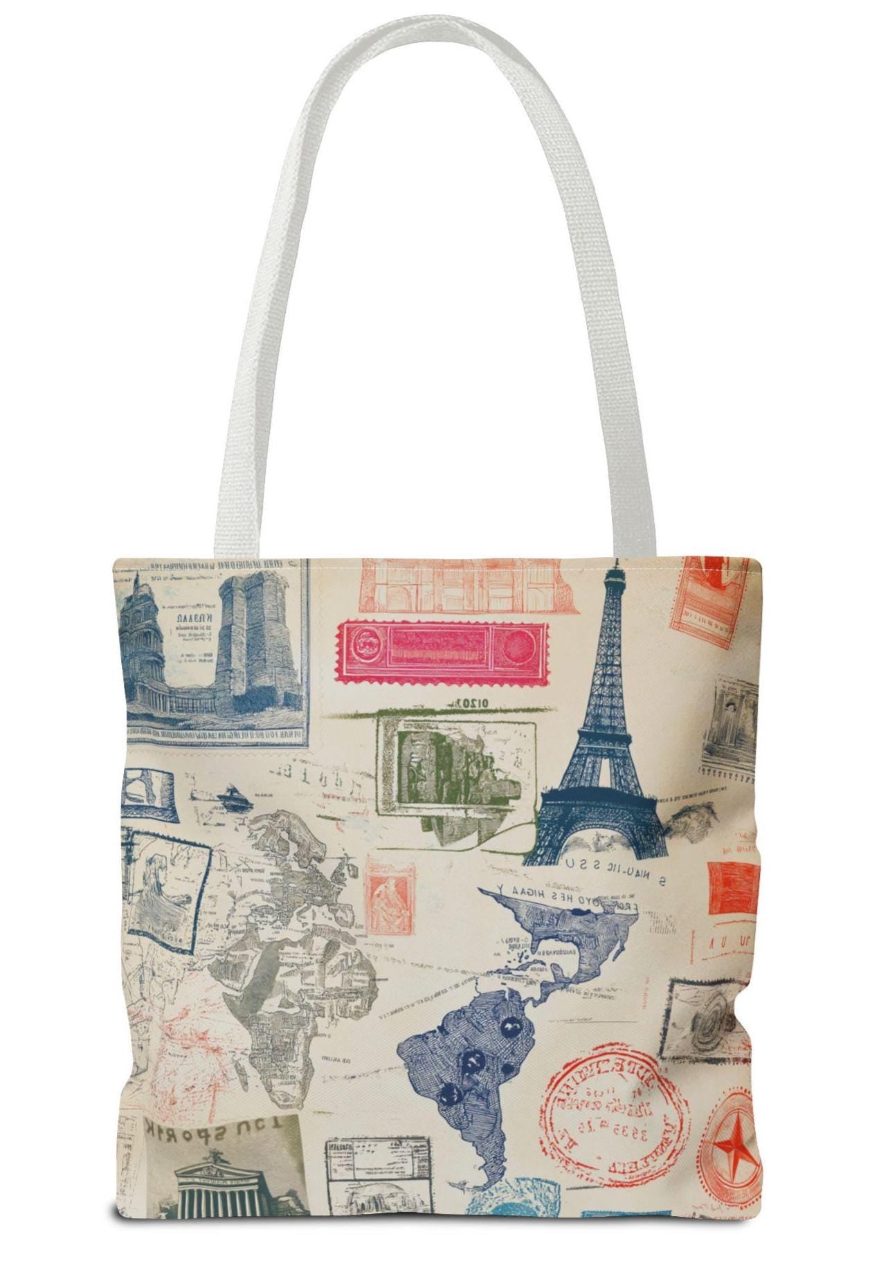 Vintage Travel Stamp Tote Bag, Artistic Boho Canvas Shoulder Bag