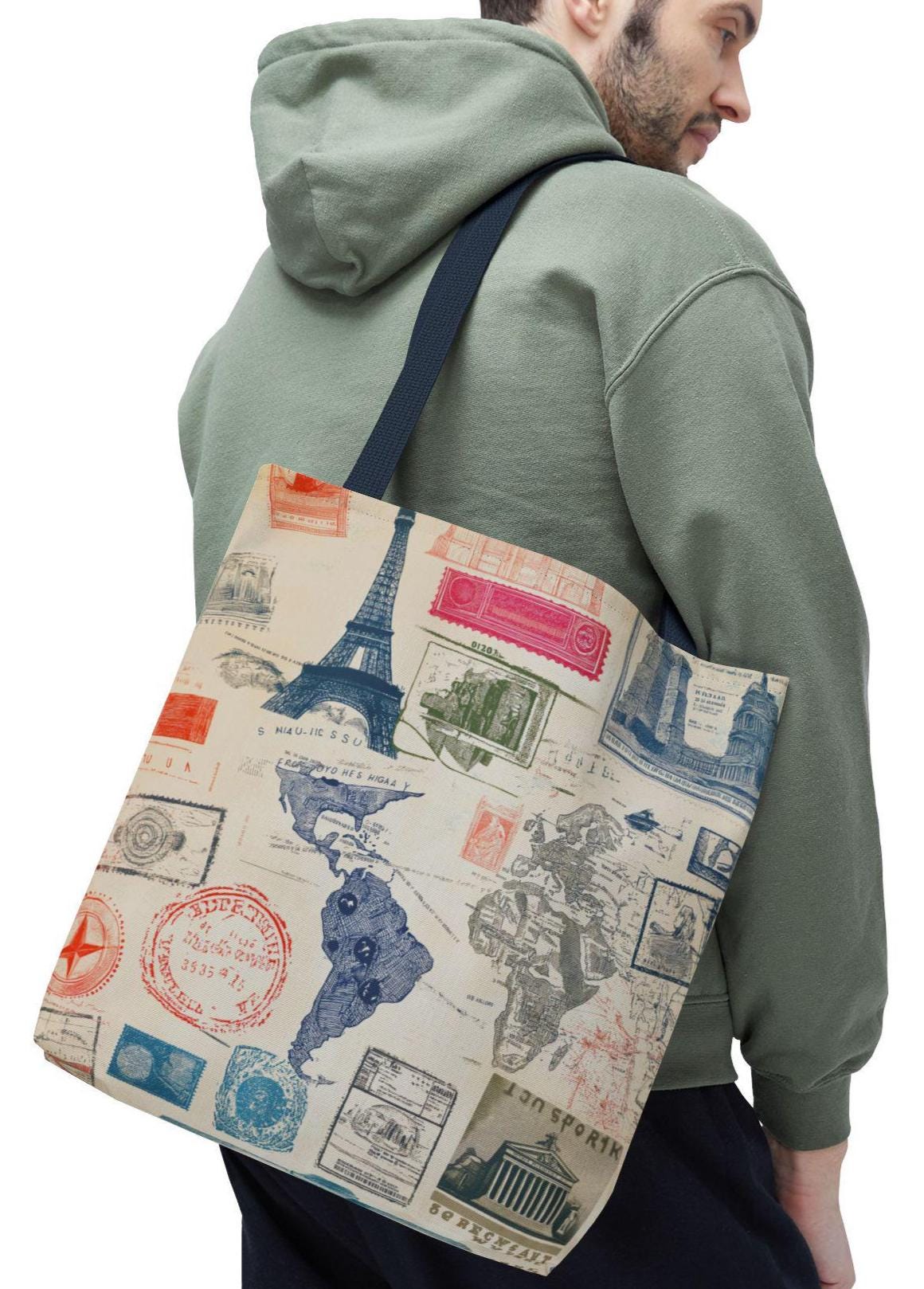 Vintage Travel Stamp Tote Bag, Artistic Boho Canvas Shoulder Bag