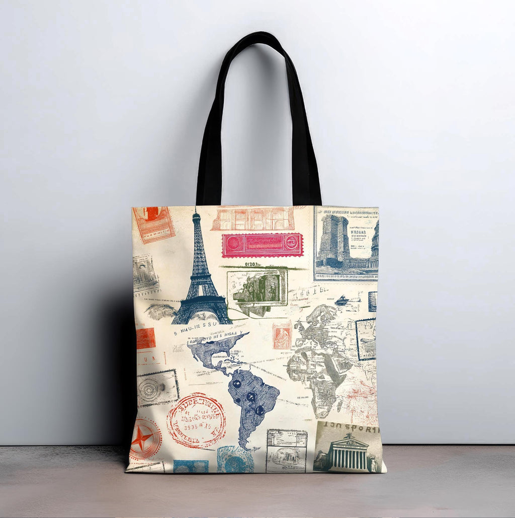Vintage Travel Stamp Tote Bag, Artistic Boho Canvas Shoulder Bag