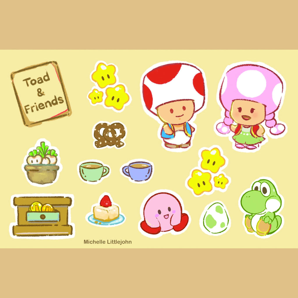 VanillaStarCafe Toad and Friends Sticker Sheet 6x4in Vinyl