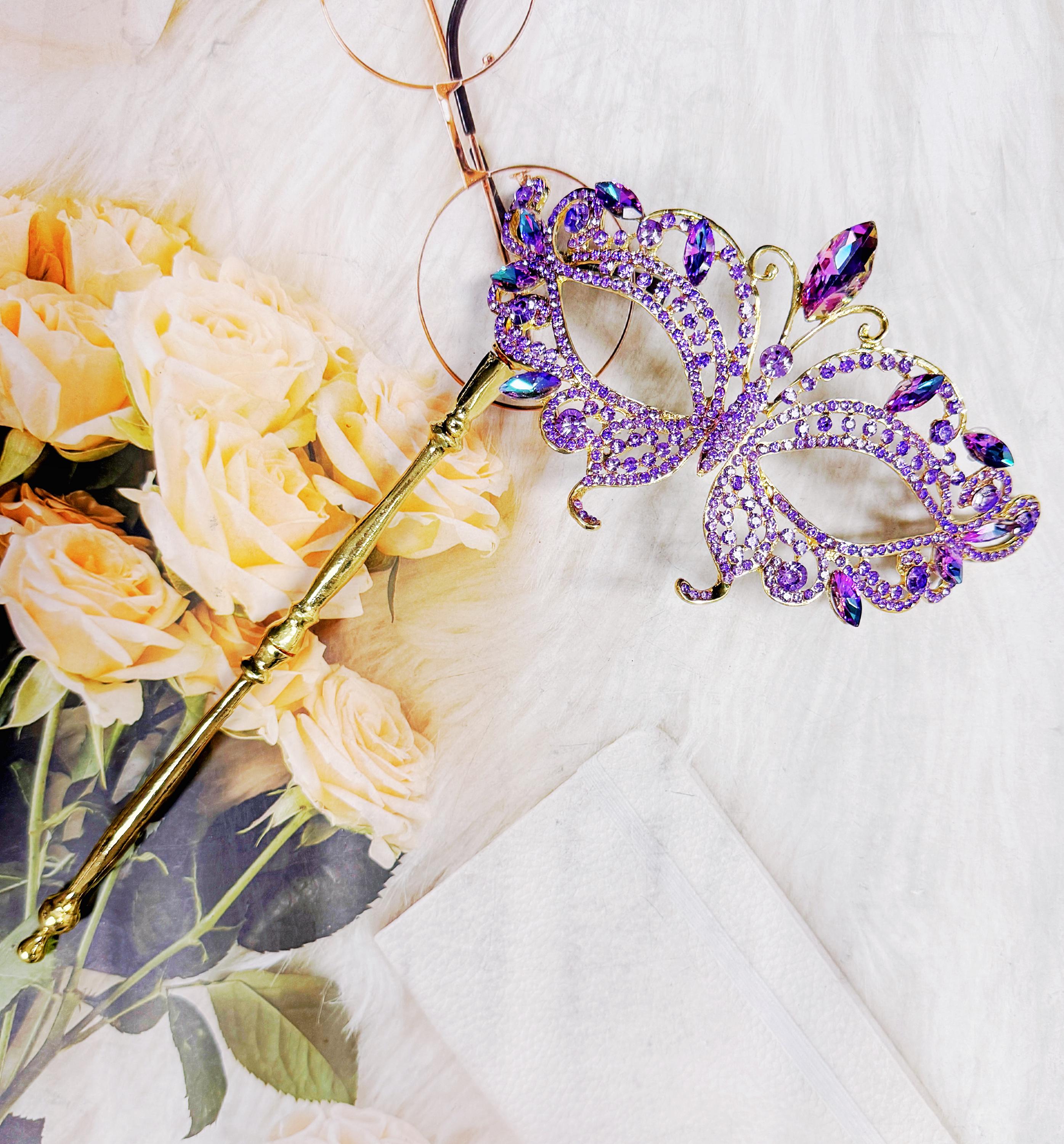 HappyJewelryWorld Purple Crystal Crystal Masquerade Mask Gold Handheld