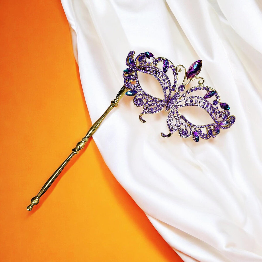 HappyJewelryWorld Purple Crystal Crystal Masquerade Mask Gold Handheld
