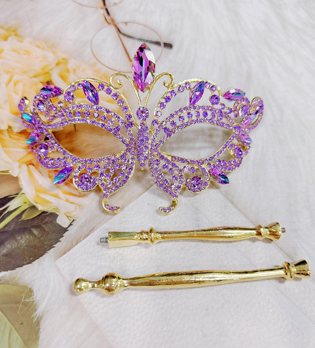 HappyJewelryWorld Purple Crystal Crystal Masquerade Mask Gold Handheld