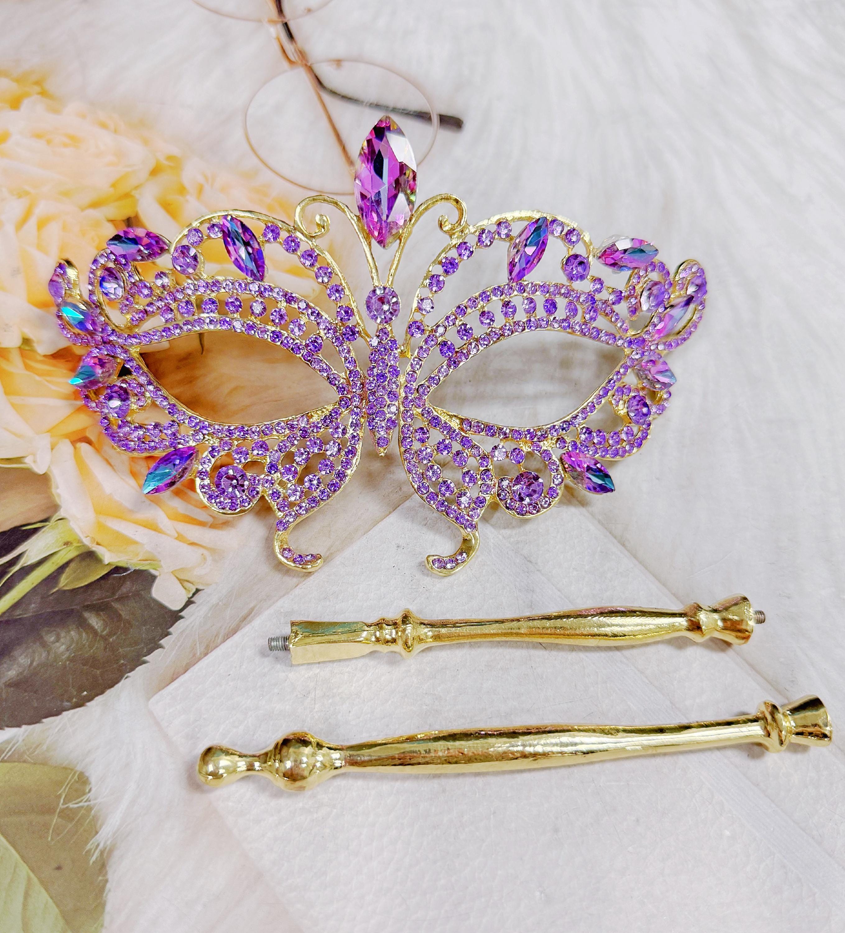 HappyJewelryWorld Purple Crystal Crystal Masquerade Mask Gold Handheld