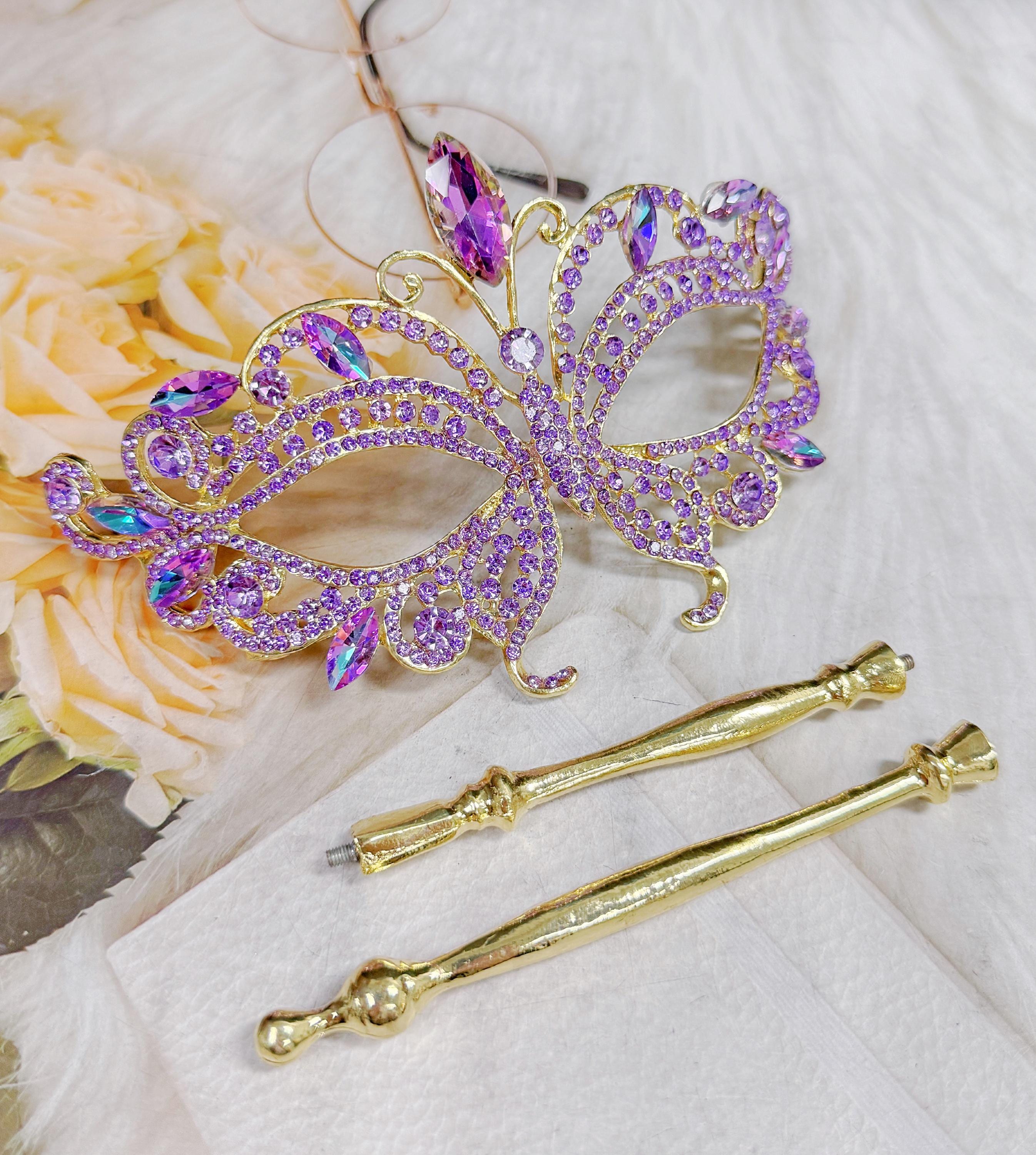HappyJewelryWorld Purple Crystal Crystal Masquerade Mask Gold Handheld