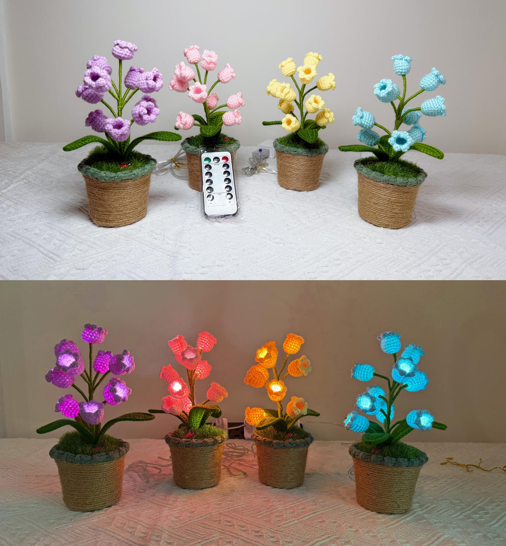 CrochetRecipe Handmade Lily of the Valley Potted Plant LED Lamp 8in White