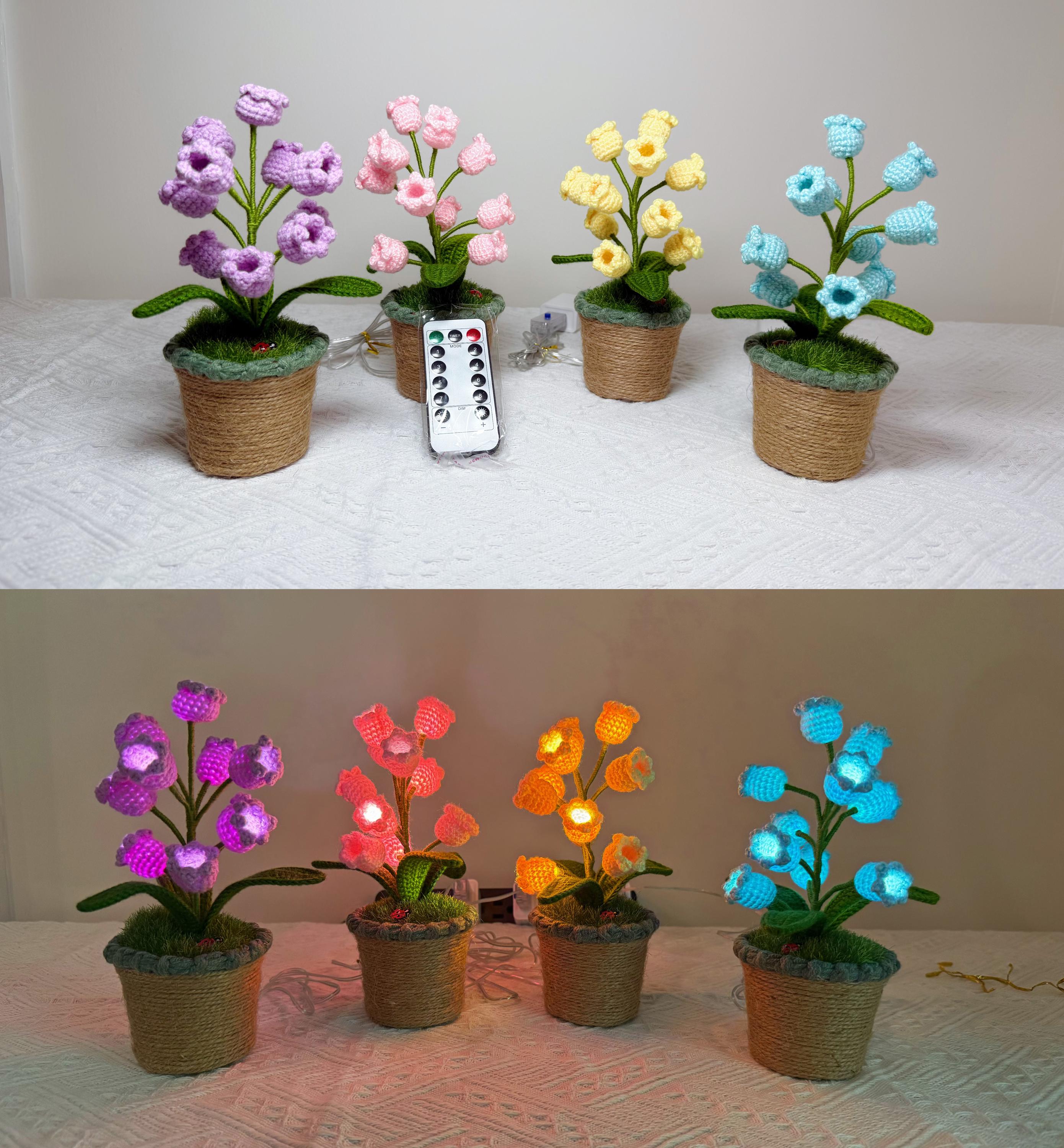 CrochetRecipe Handmade Lily of the Valley Potted Plant LED Lamp 8in White