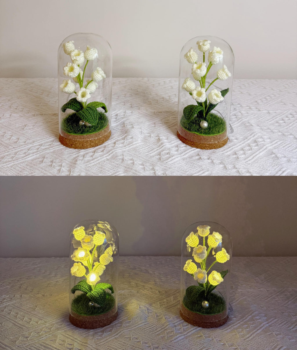 CrochetRecipe Handmade Lily of the Valley Potted Plant LED Lamp 8in White