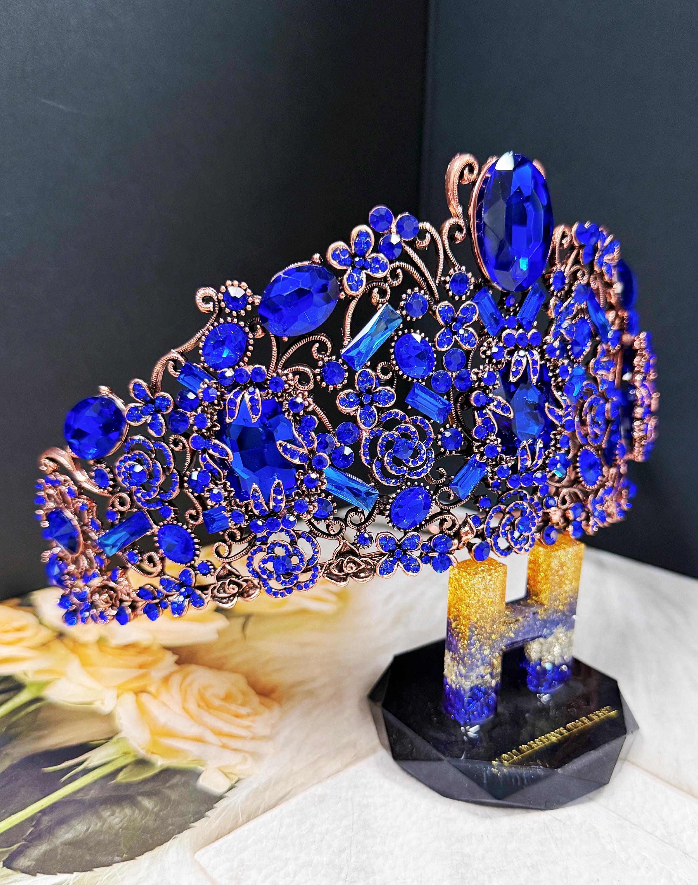 HappyJewelryWorld Handmade Sapphire Crystal Crown Victorian Bronze Copper Tiara