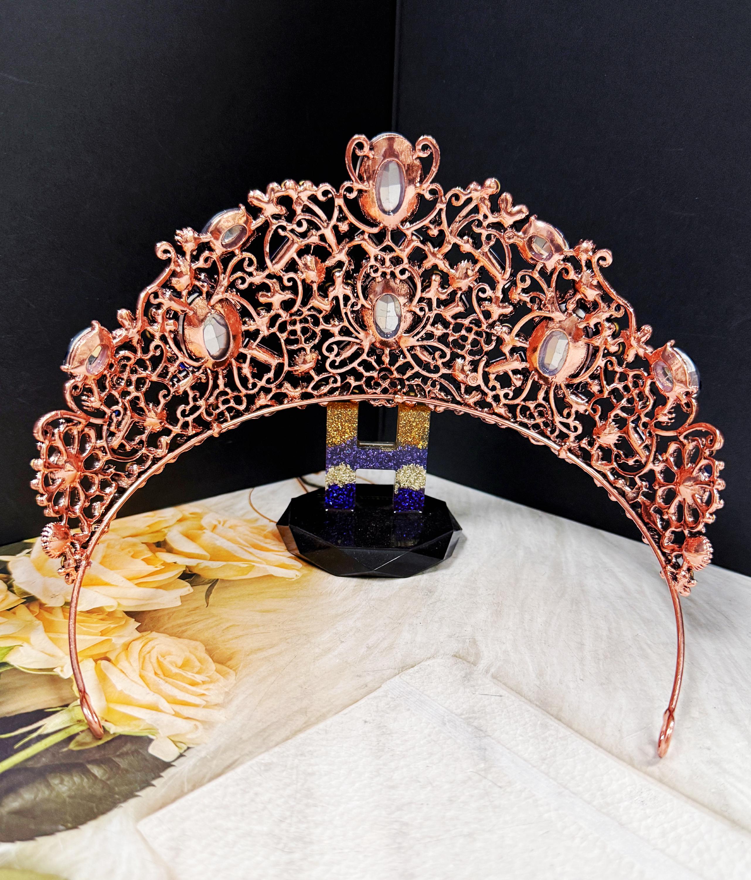 HappyJewelryWorld Handmade Sapphire Crystal Crown Victorian Bronze Copper Tiara