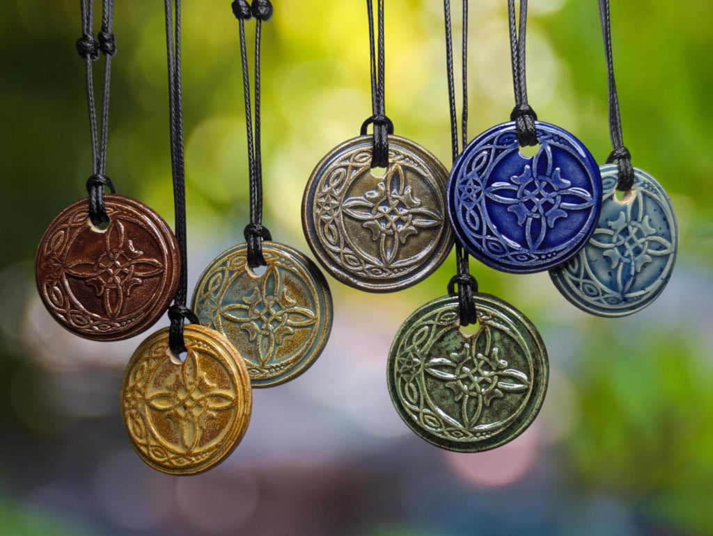 NoctemPottery Celtic Crescent Moon Pentagram Filigree Ceramic Wax Seal Pendant Choker Necklace