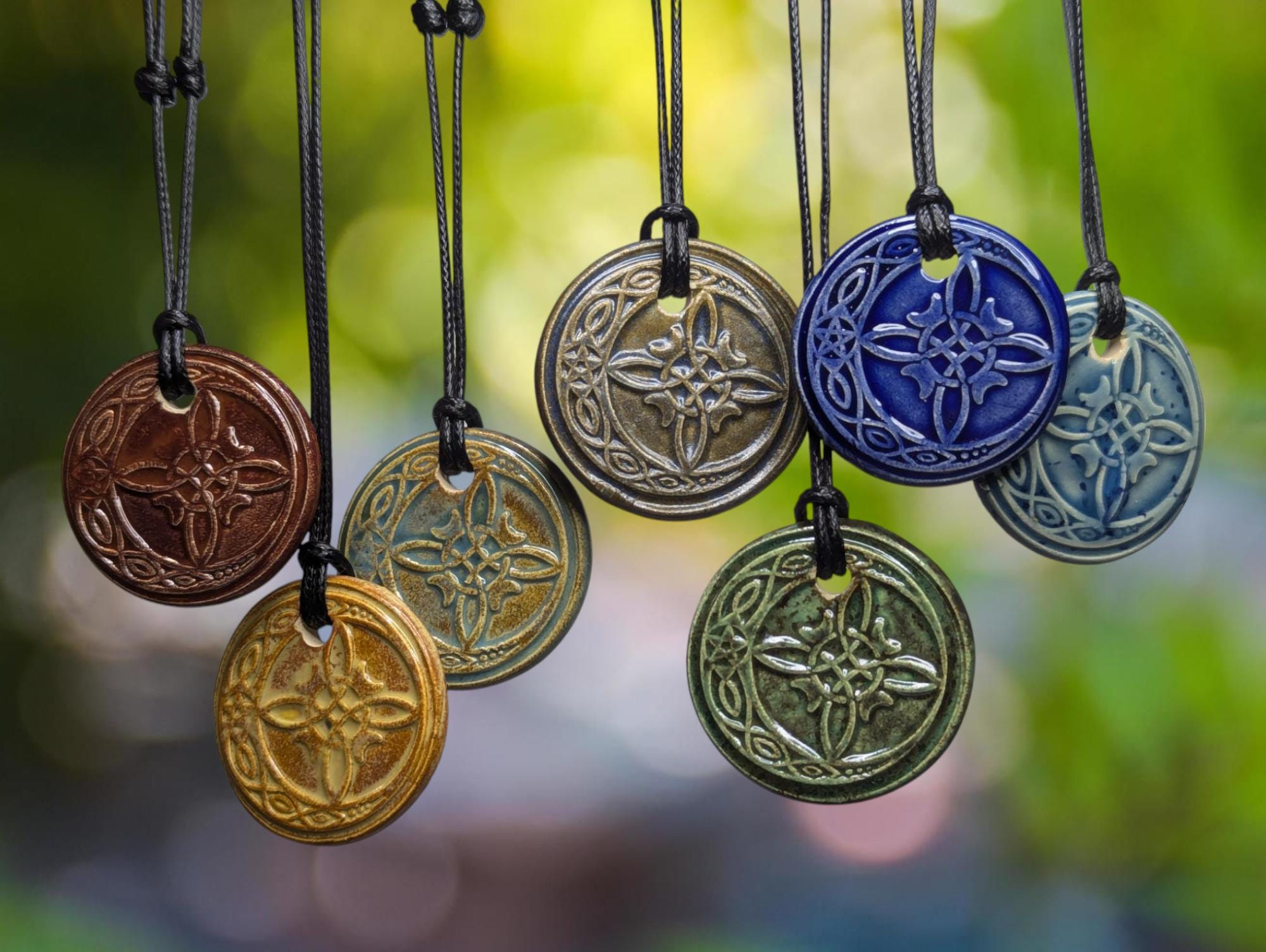 NoctemPottery Celtic Crescent Moon Pentagram Filigree Ceramic Wax Seal Pendant Choker Necklace