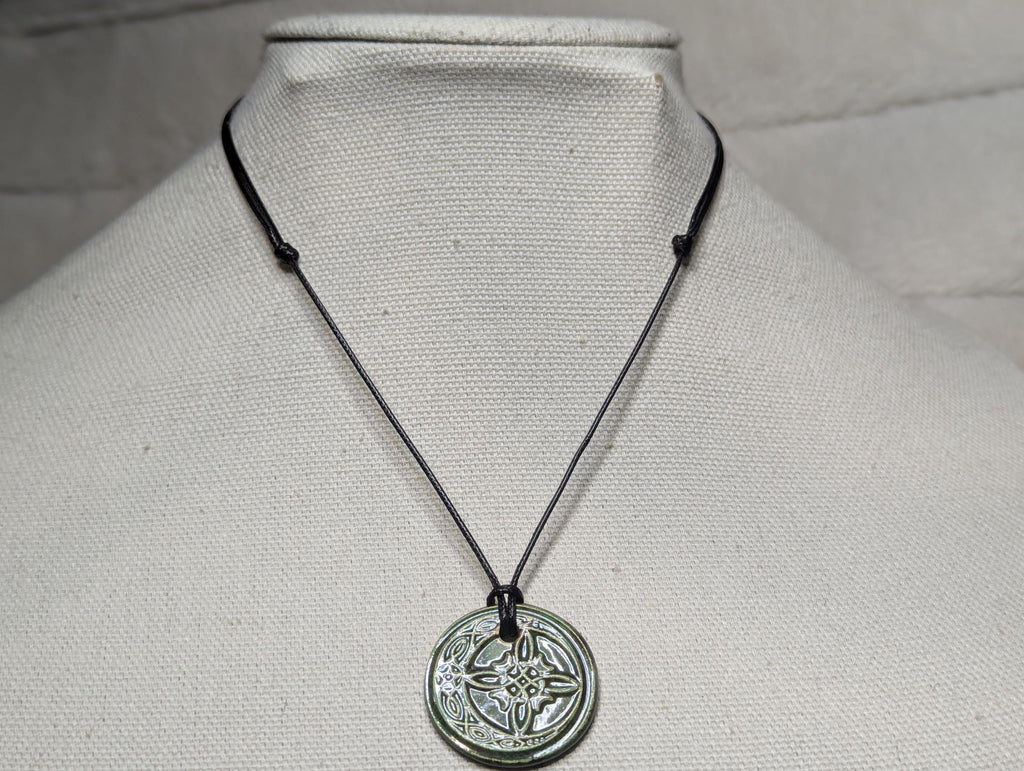 NoctemPottery Celtic Crescent Moon Pentagram Filigree Ceramic Wax Seal Pendant Choker Necklace