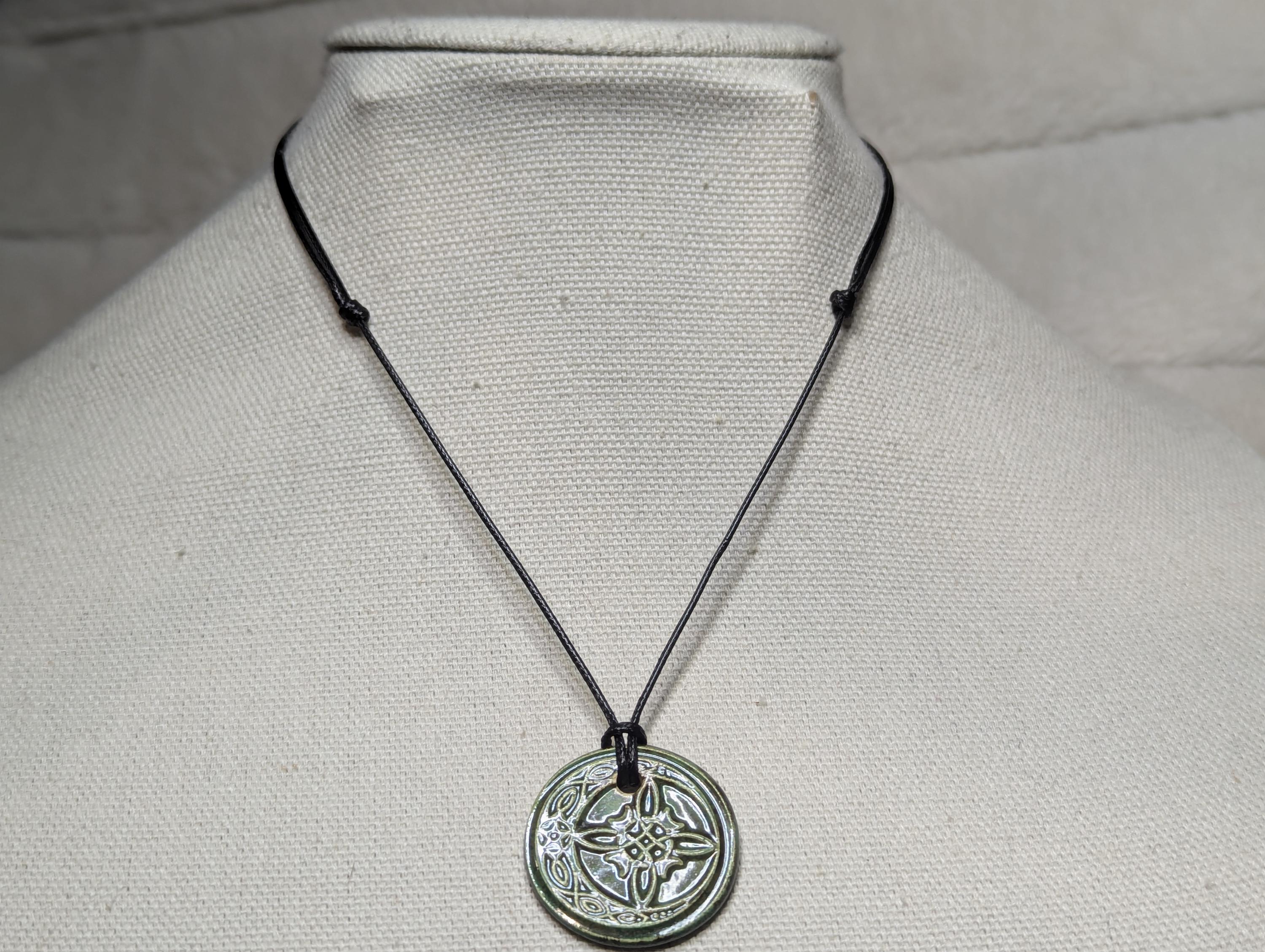 NoctemPottery Celtic Crescent Moon Pentagram Filigree Ceramic Wax Seal Pendant Choker Necklace