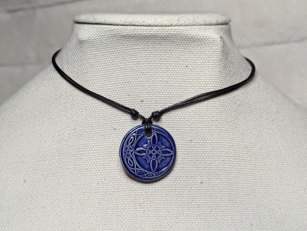 NoctemPottery Celtic Crescent Moon Pentagram Filigree Ceramic Wax Seal Pendant Choker Necklace