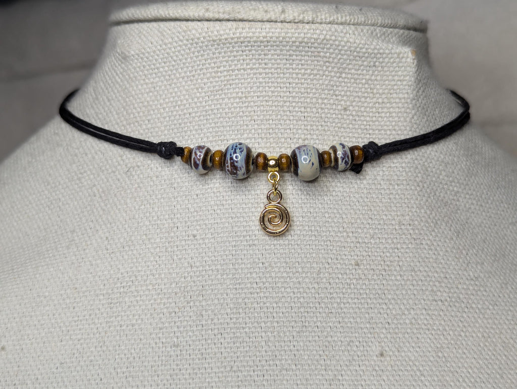 Tiny Spiral Swirl Charm Ceramic Beaded Choker Necklace