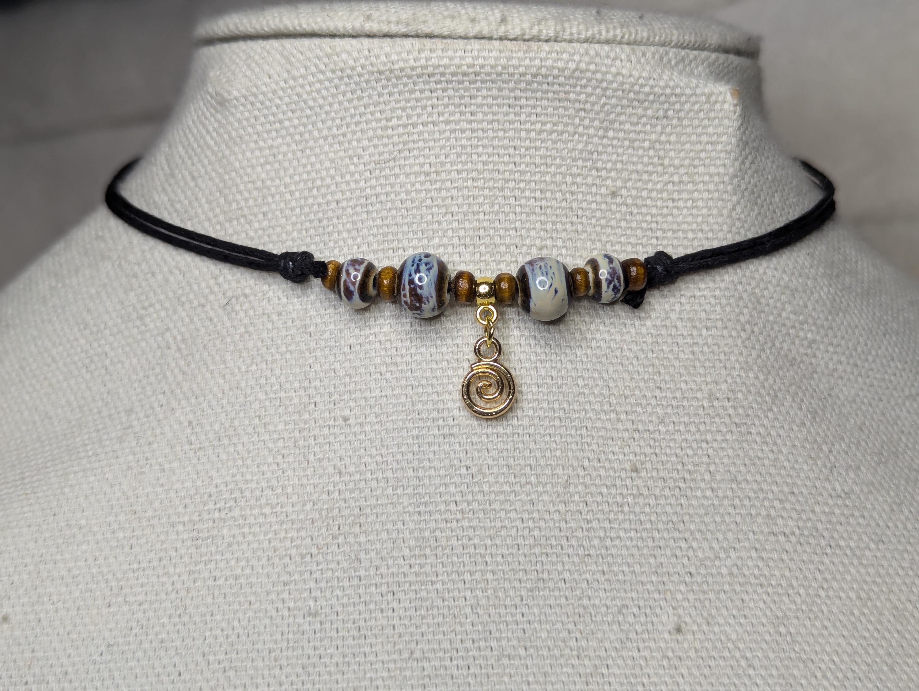 Tiny Spiral Swirl Charm Ceramic Beaded Choker Necklace