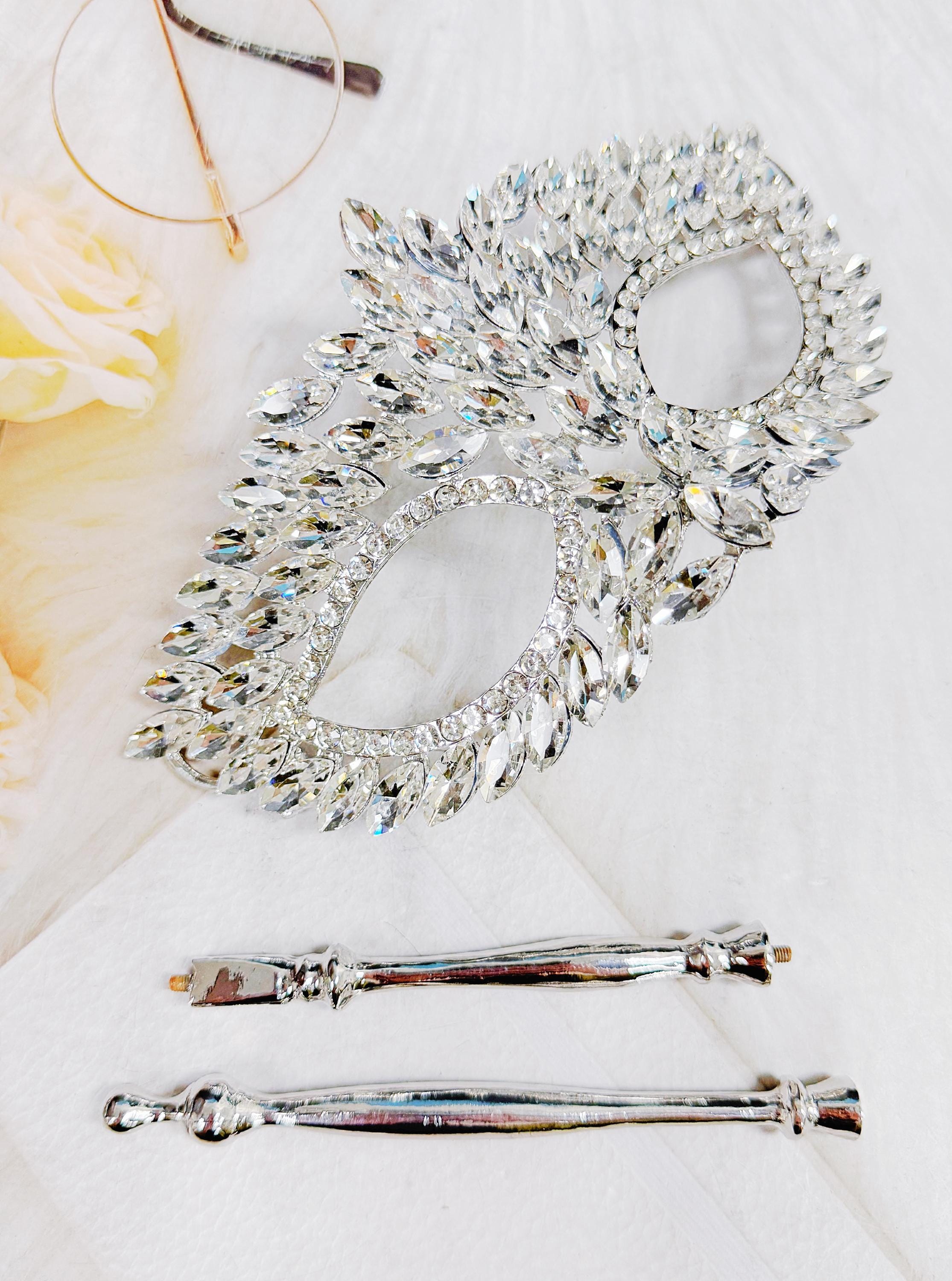 HappyJewelryWorld Crystal Masquerade Mask on Stick Silver Rhinestone