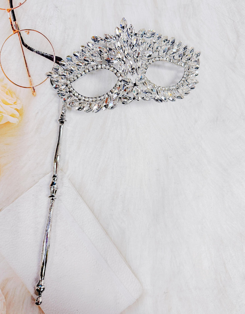 HappyJewelryWorld Crystal Masquerade Mask on Stick Silver Rhinestone