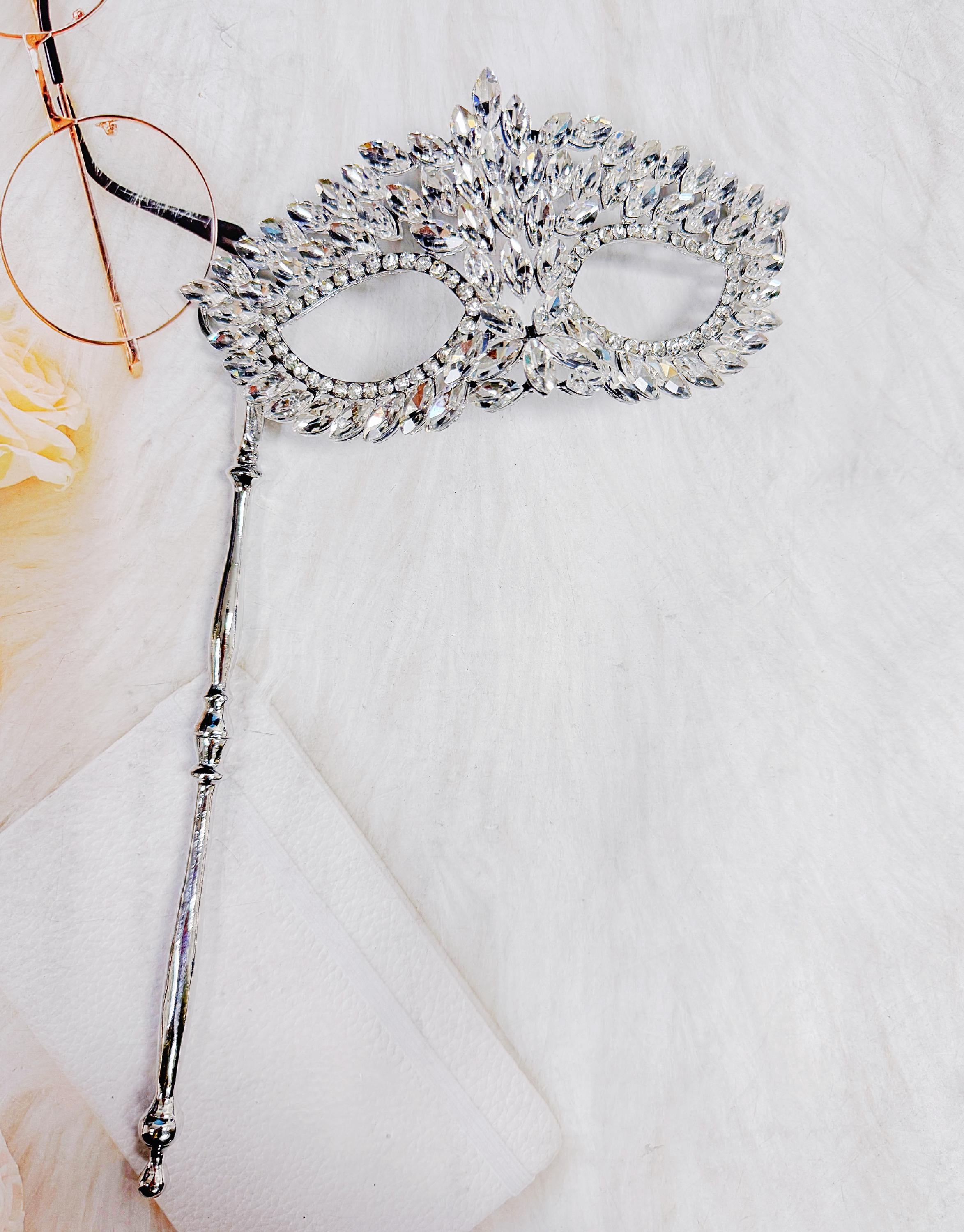 HappyJewelryWorld Crystal Masquerade Mask on Stick Silver Rhinestone