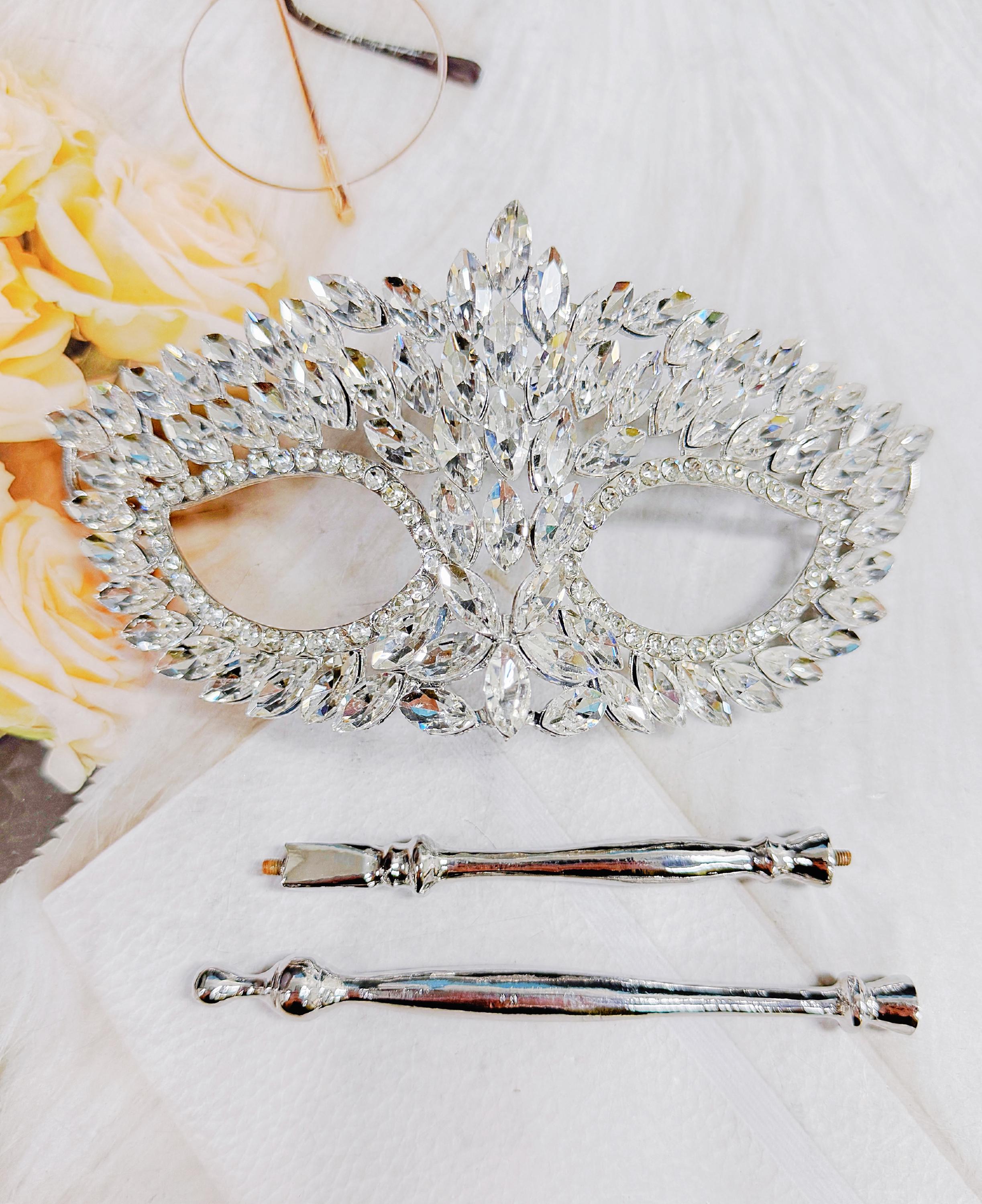 HappyJewelryWorld Crystal Masquerade Mask on Stick Silver Rhinestone