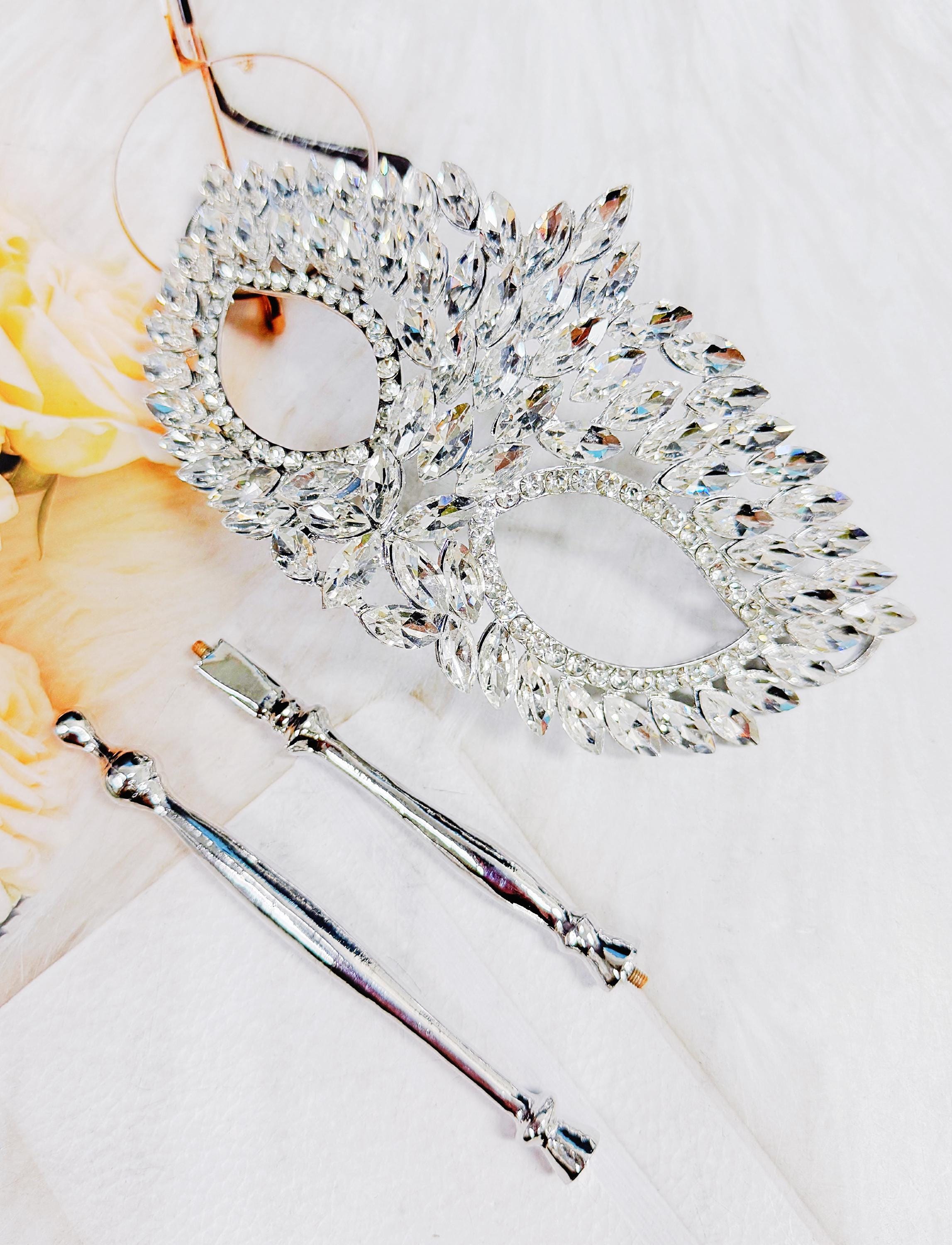 HappyJewelryWorld Crystal Masquerade Mask on Stick Silver Rhinestone