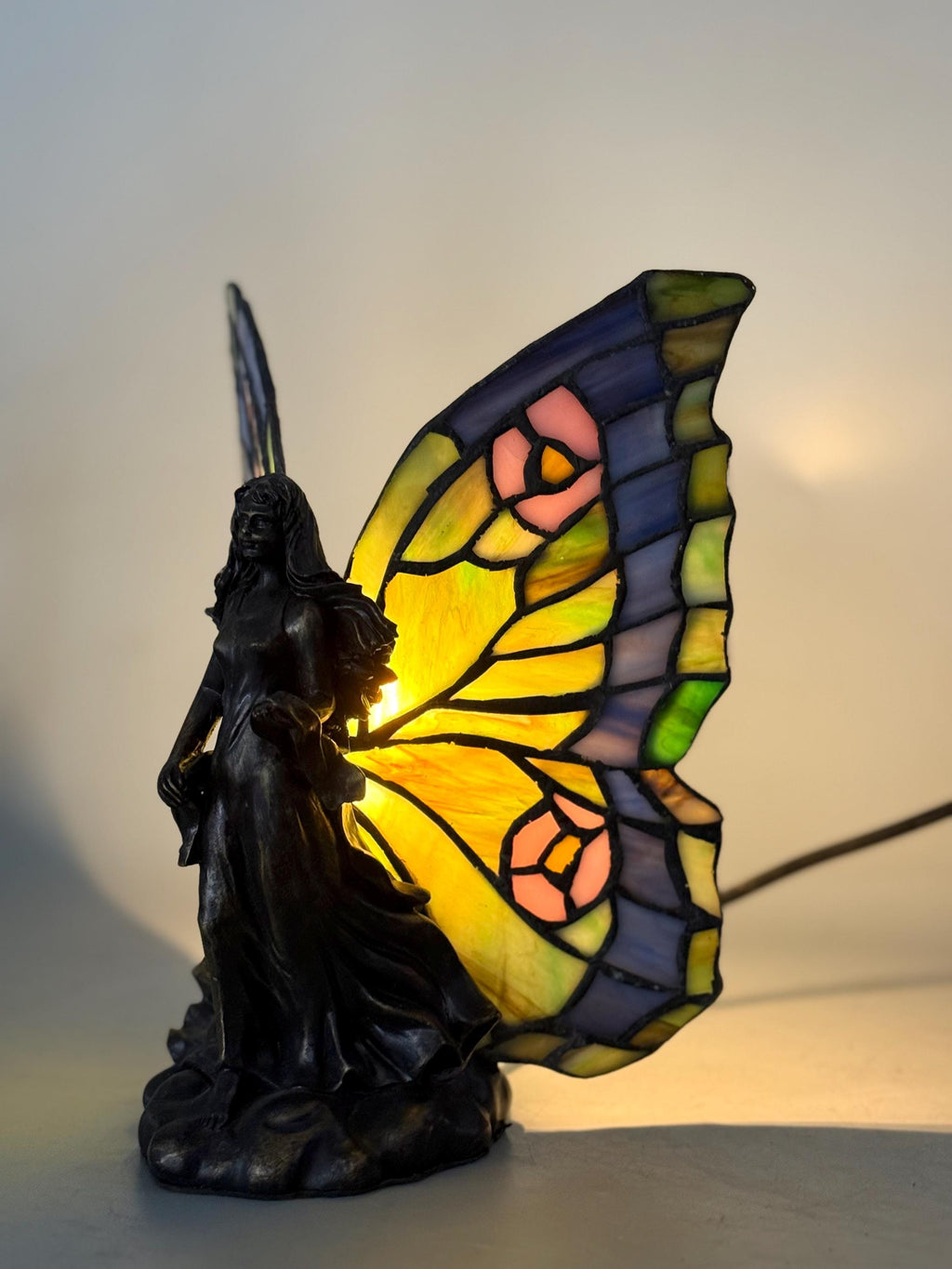 U2Antique Fairy Girl Butterfly Tiffany Table Lamp 8.5in Handmade Stained Glass