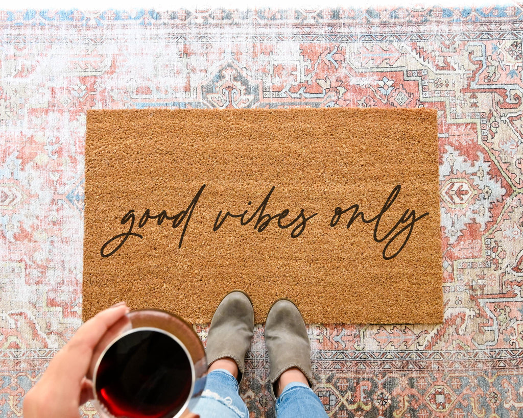 HamlinRowShop Good Vibes Only Coir Doormat Natural Coir Slip-Resistant Rubber Backing
