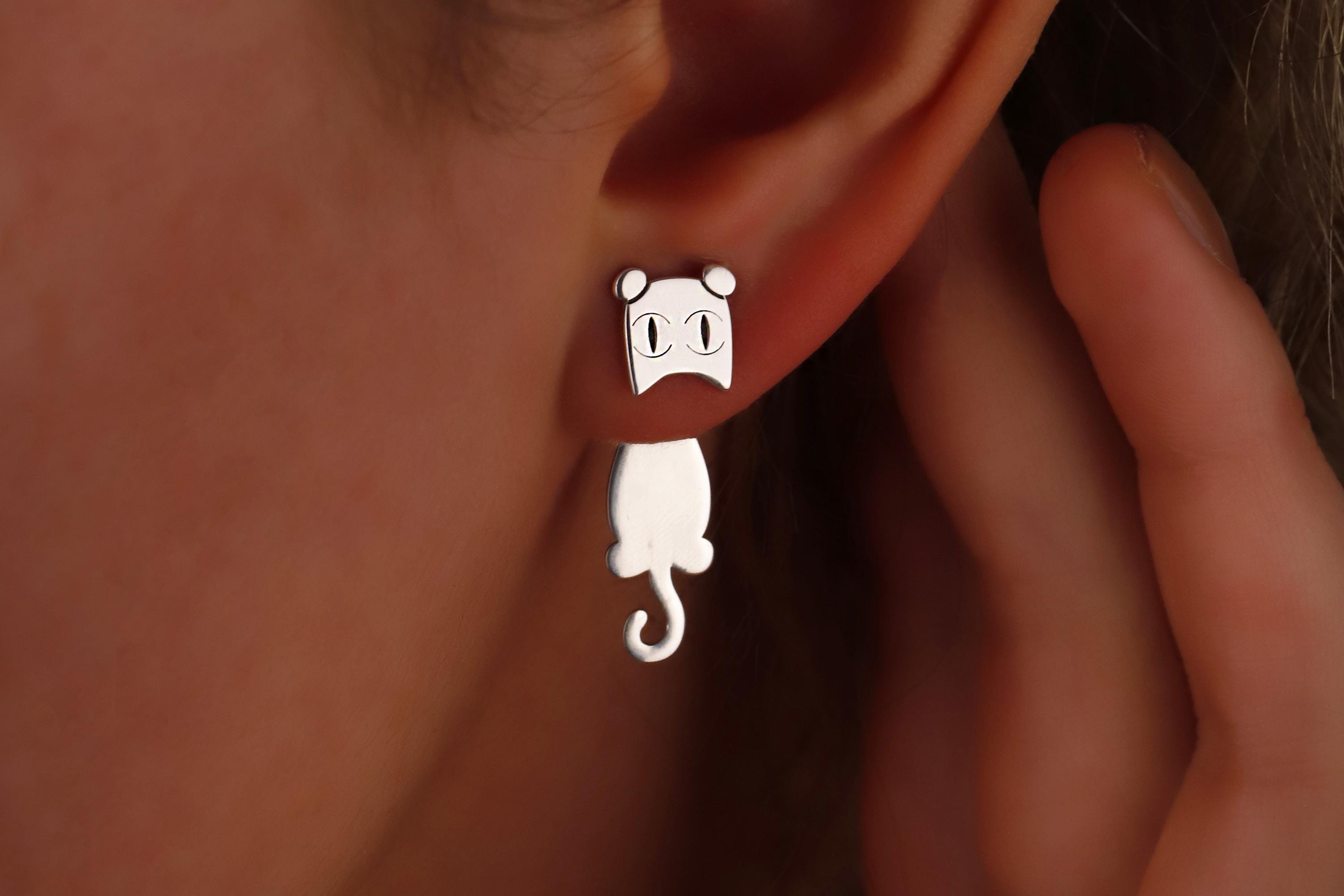 Sterling Silver Cat Ear Jacket Earrings: Pet Lover Gift