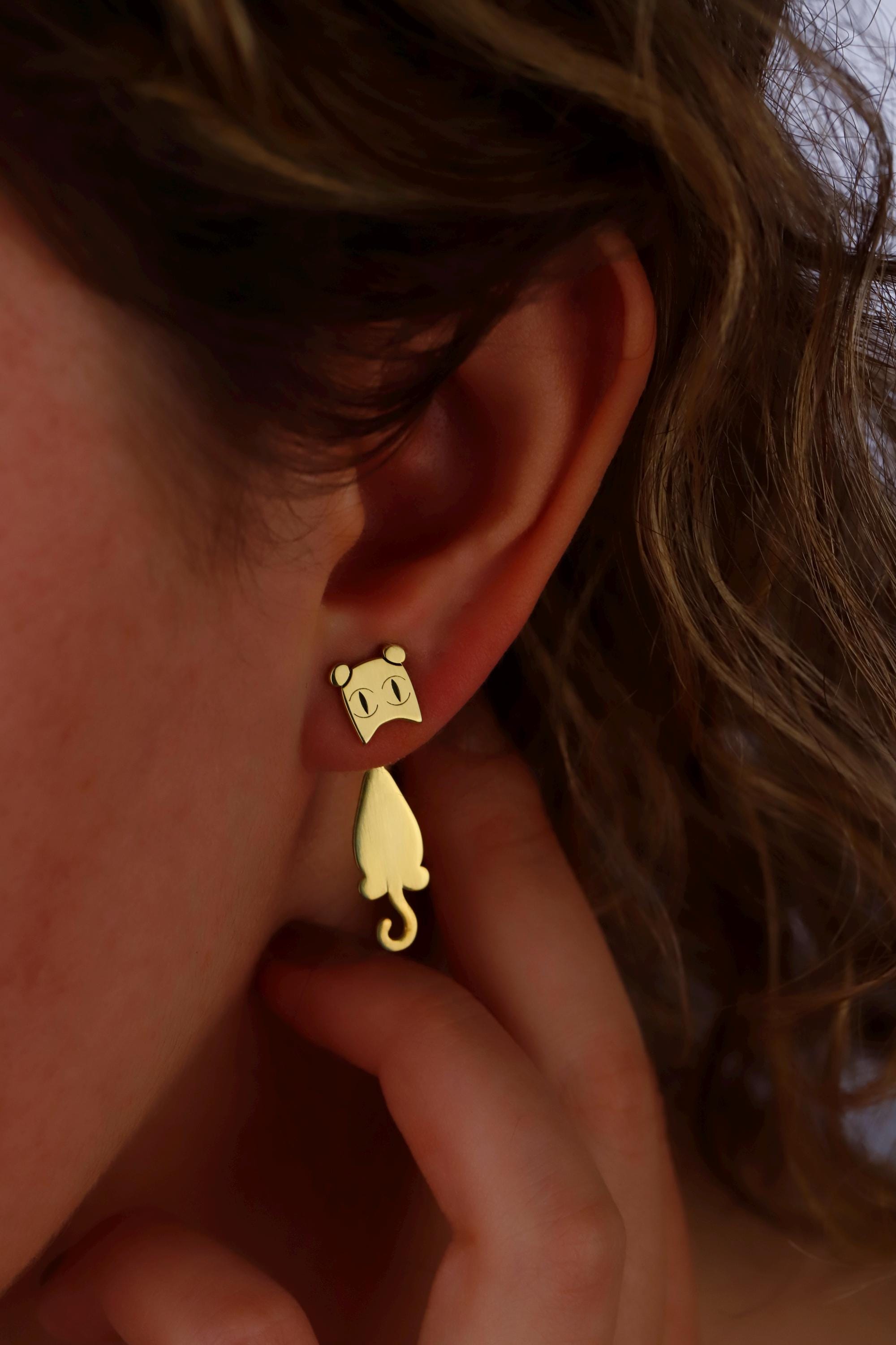 Sterling Silver Cat Ear Jacket Earrings: Pet Lover Gift