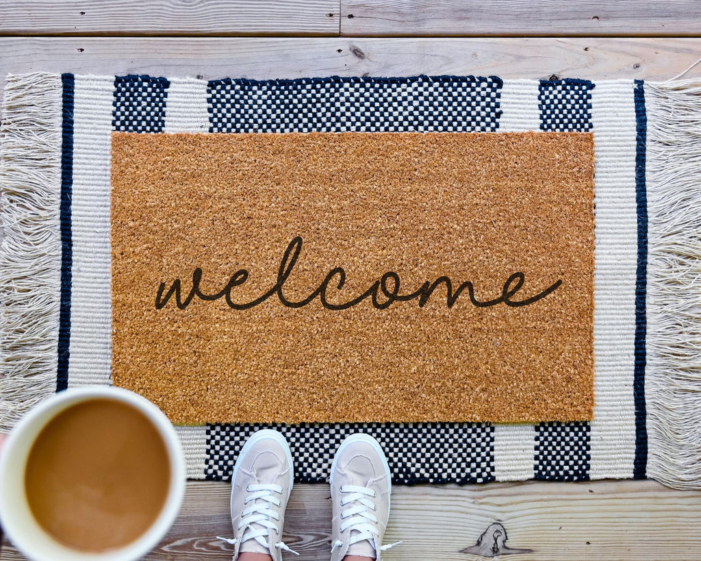 Cursive Welcome Doormat: Natural Coir Front Porch Decor