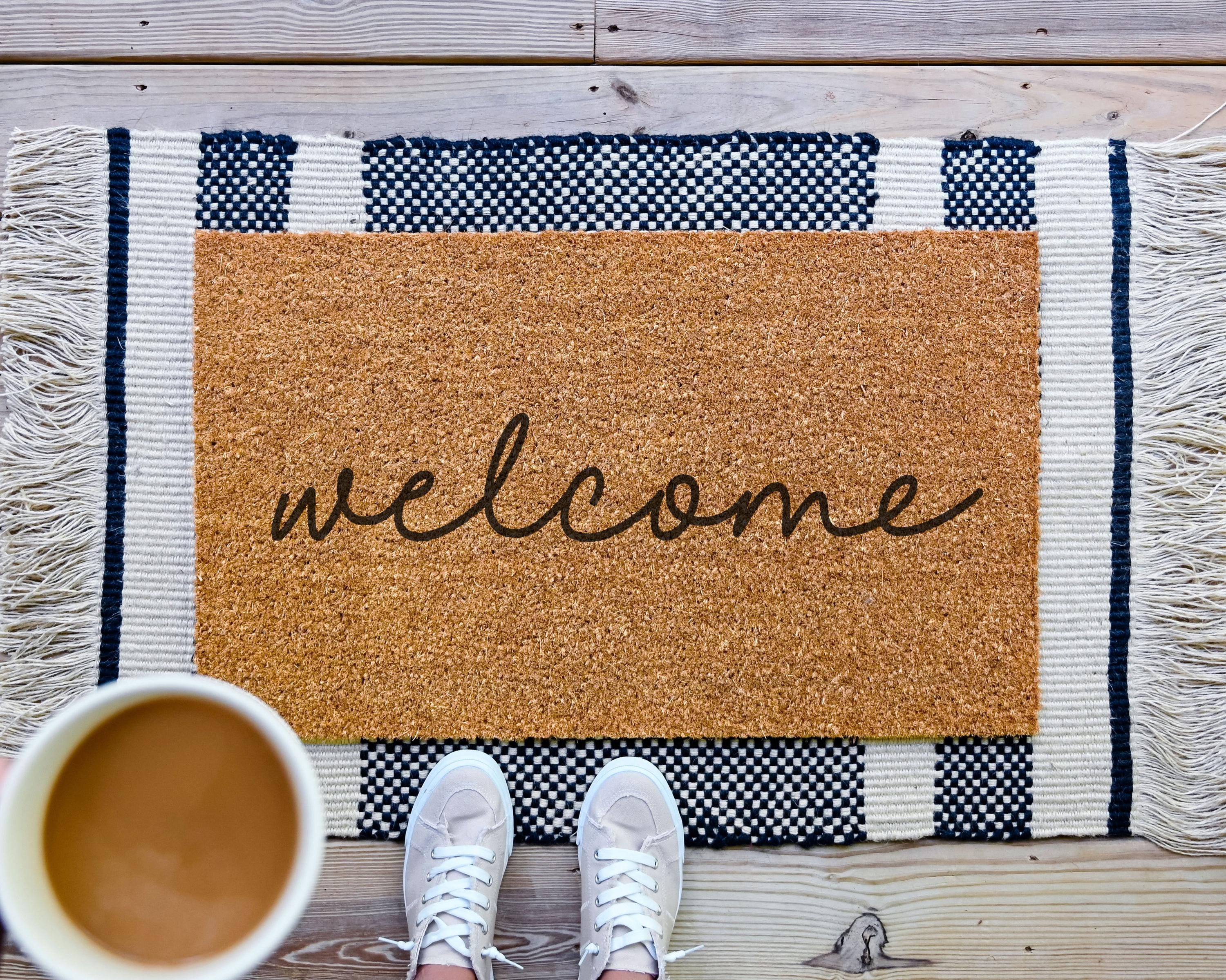 Cursive Welcome Doormat: Natural Coir Front Porch Decor
