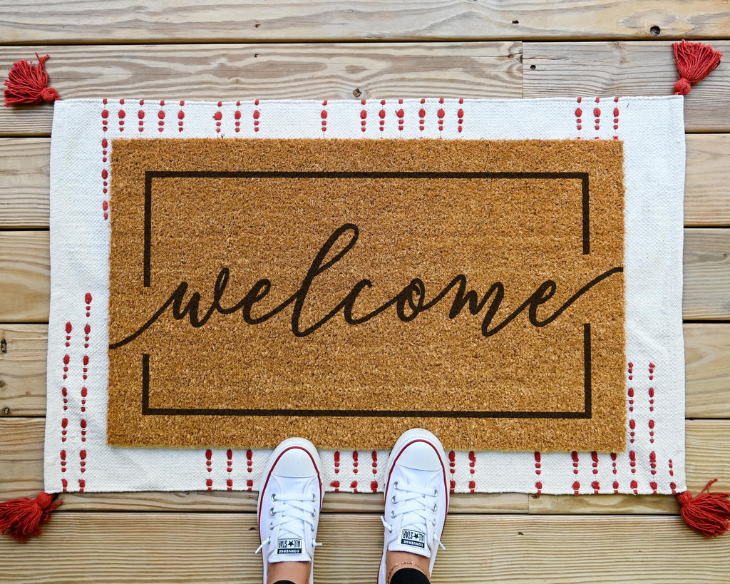 HamlinRowShop Cursive Coir Welcome Door Mat Natural Brown