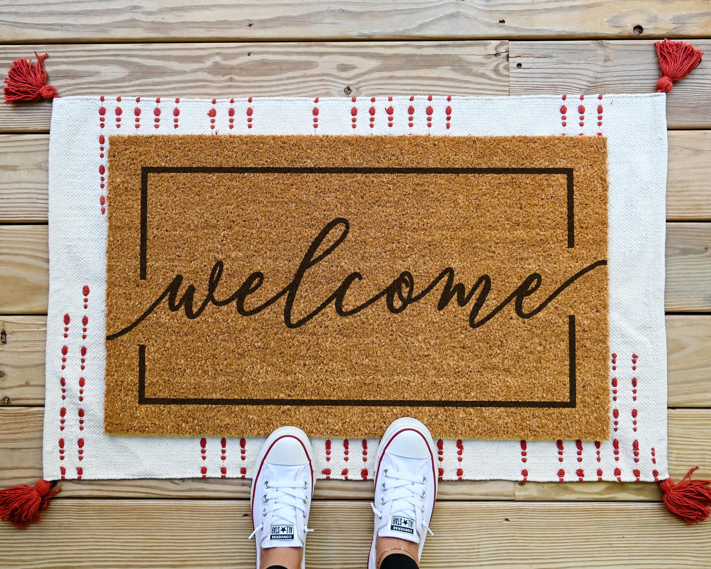 HamlinRowShop Cursive Coir Welcome Door Mat Natural Brown