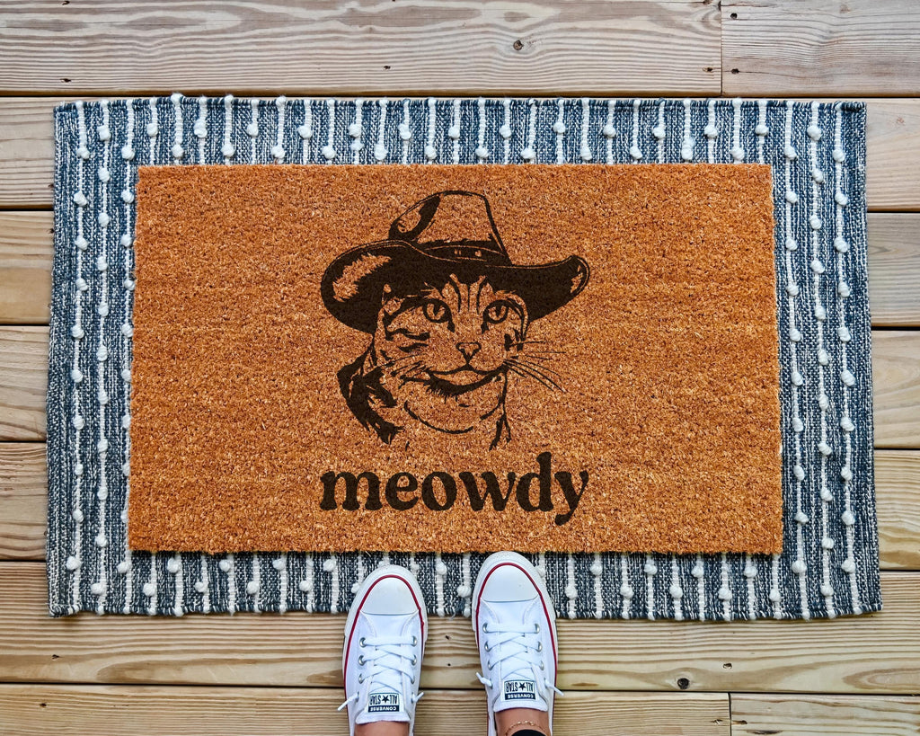 HamlinRowShop Meowdy Doormat Funny Cowboy Kitty Coir Welcome Mat
