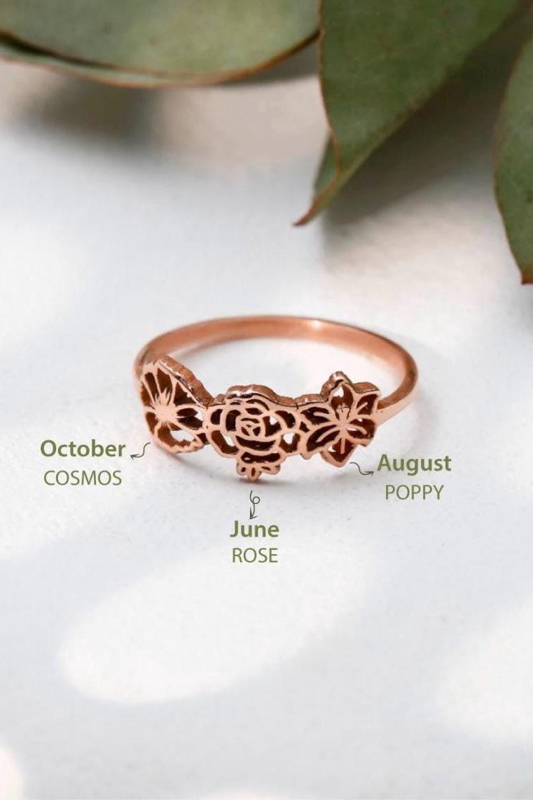 SilverGoldandRose Sterling Silver Birth Flower Ring Personalized Family Jewelry