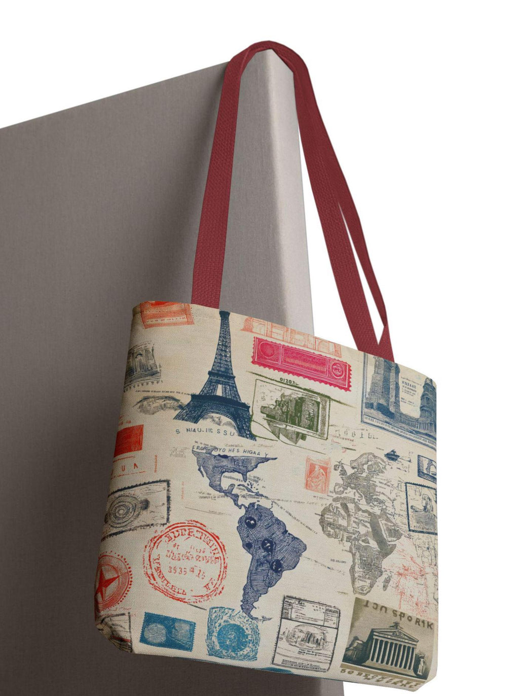 Vintage Travel Stamp Tote Bag, Artistic Boho Canvas Shoulder Bag
